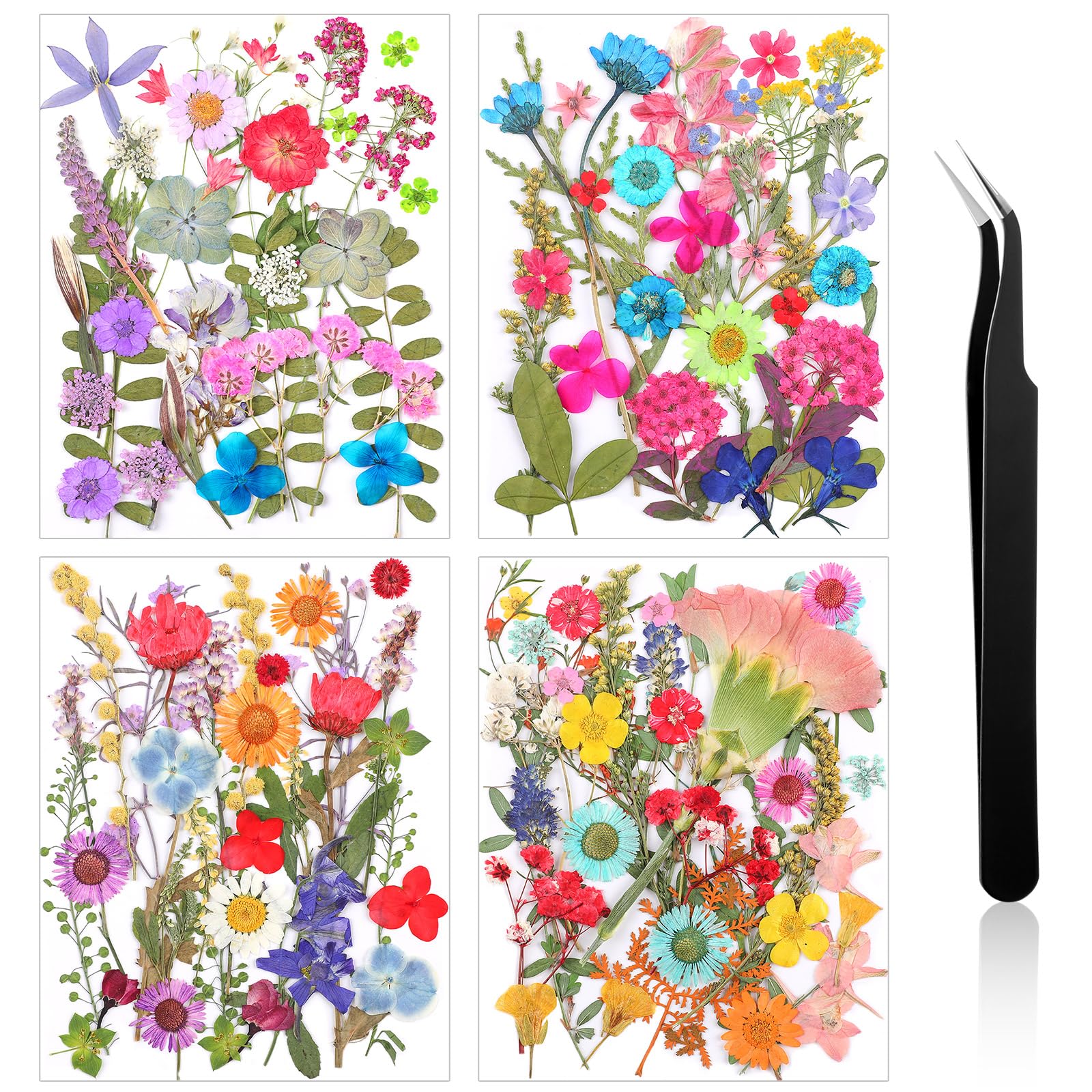 Nuanchu Small Dried Flower for Craft Resin Mini Pressed Flowers Bulk Real Tiny Dried Wildflower Leave Natural with Tweezer for Nail Scrapbooking Soap Candle Cake Card Making DIY Christmas Craft Supply