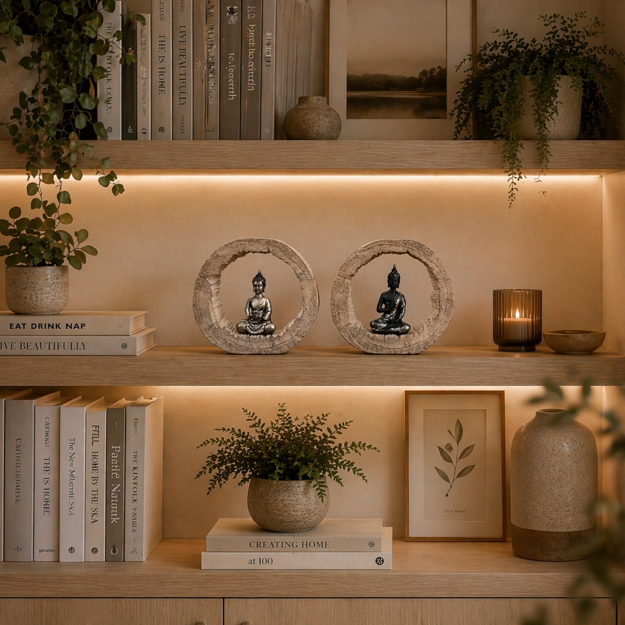 Set de 2 Figuras Decorativas Buda con Marco Circular – Escultura Zen de Diseño Natural en Madera y Resina, Adorno Elegante para Salón, Estantería o Recibidor