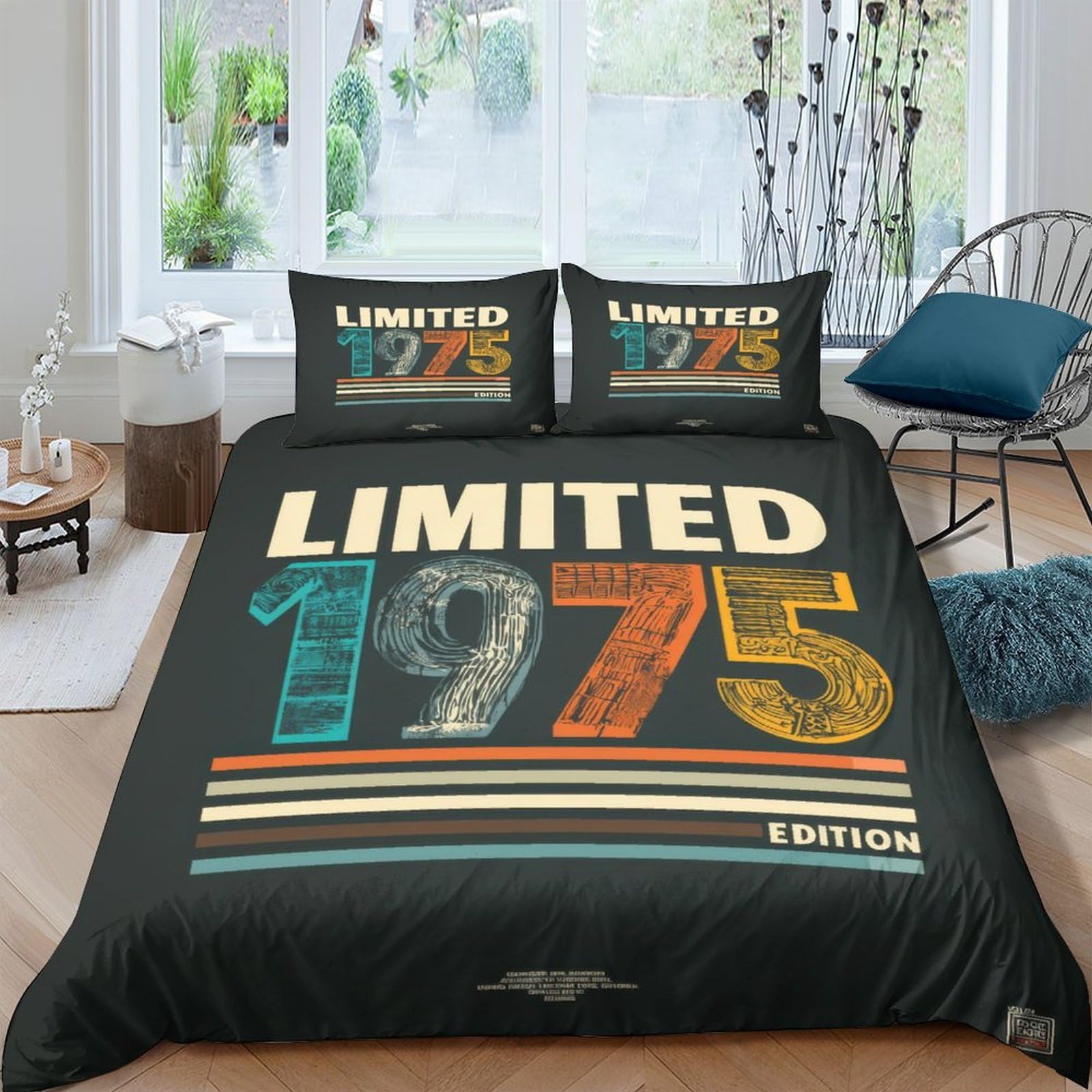 GPLZQXKJNH 3D Printed Retro Limited 1975 Duvet Cover Set Microfiber Soft Breathable Vintage Numbers Bedding Set with 2 Pillowcases for Bedroom Home Single（135x200cm）