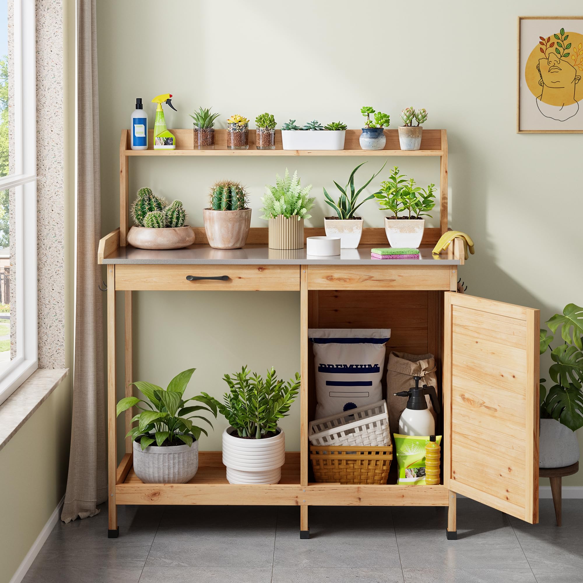 Table de Jardinage Bealife pour Plantes avec Banc, 111,6 x 46,5 x 125 cm, Naturel