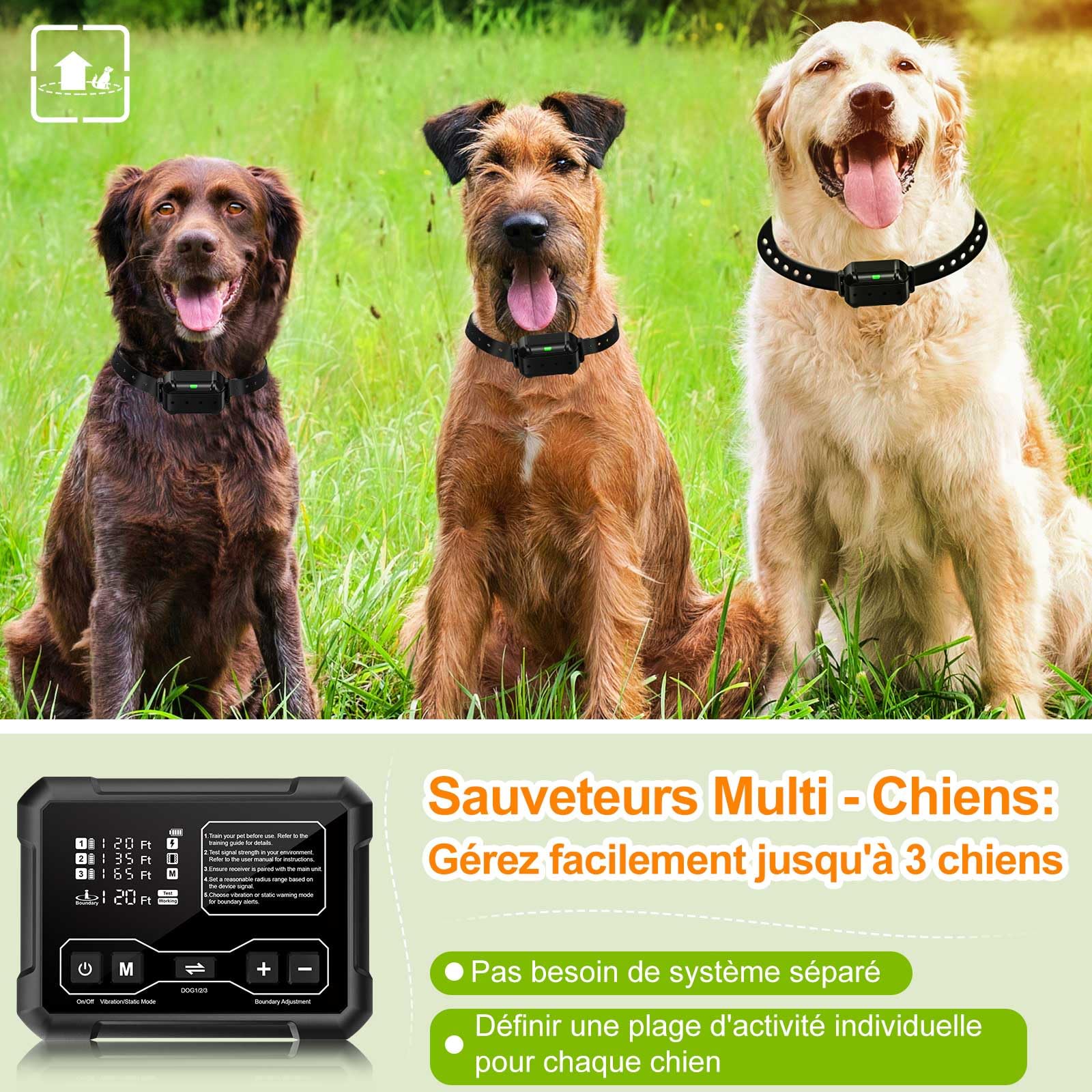 Sistema inalámbrico de valla para perros-Radar de alta precisión 120ft sistema eléctrico de valla para perros GPS-Monitoreo en tiempo real al aire libre, perros medianos y grandes 9-26in(3 canales)