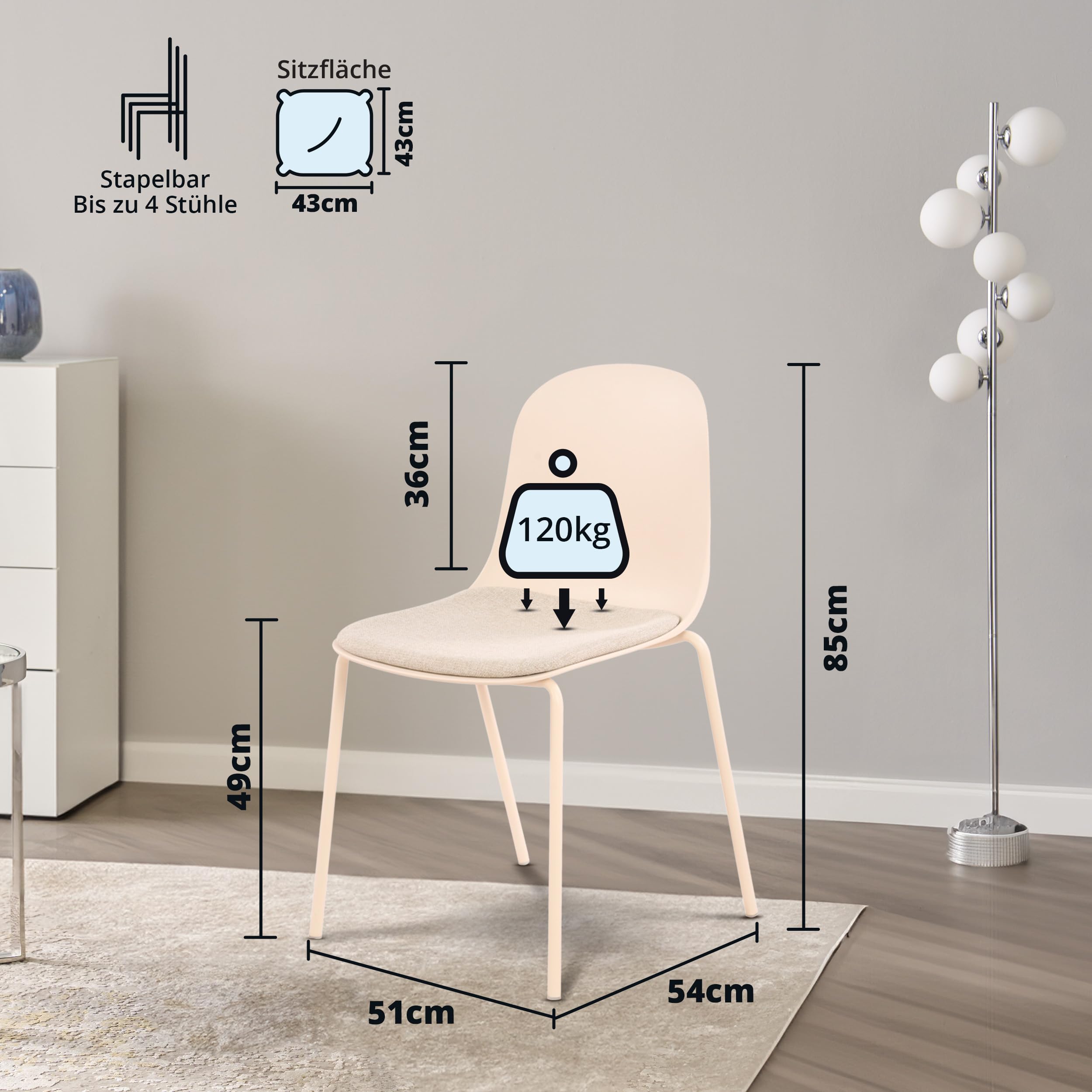 KHG 4er-Set Esszimmerstühle Küchenstuhl stapelbar, 120 kg, bis 120, Creme