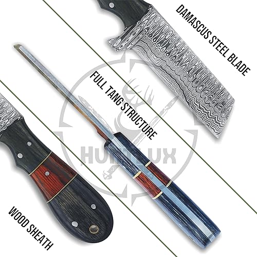 Miniatura 5 de Cuchillo de caza de acero de Damasco con funda para cinturón, cuchillo cortador de toros afilado hecho a mano de 8 pulgadas, cuchillo de hoja fija