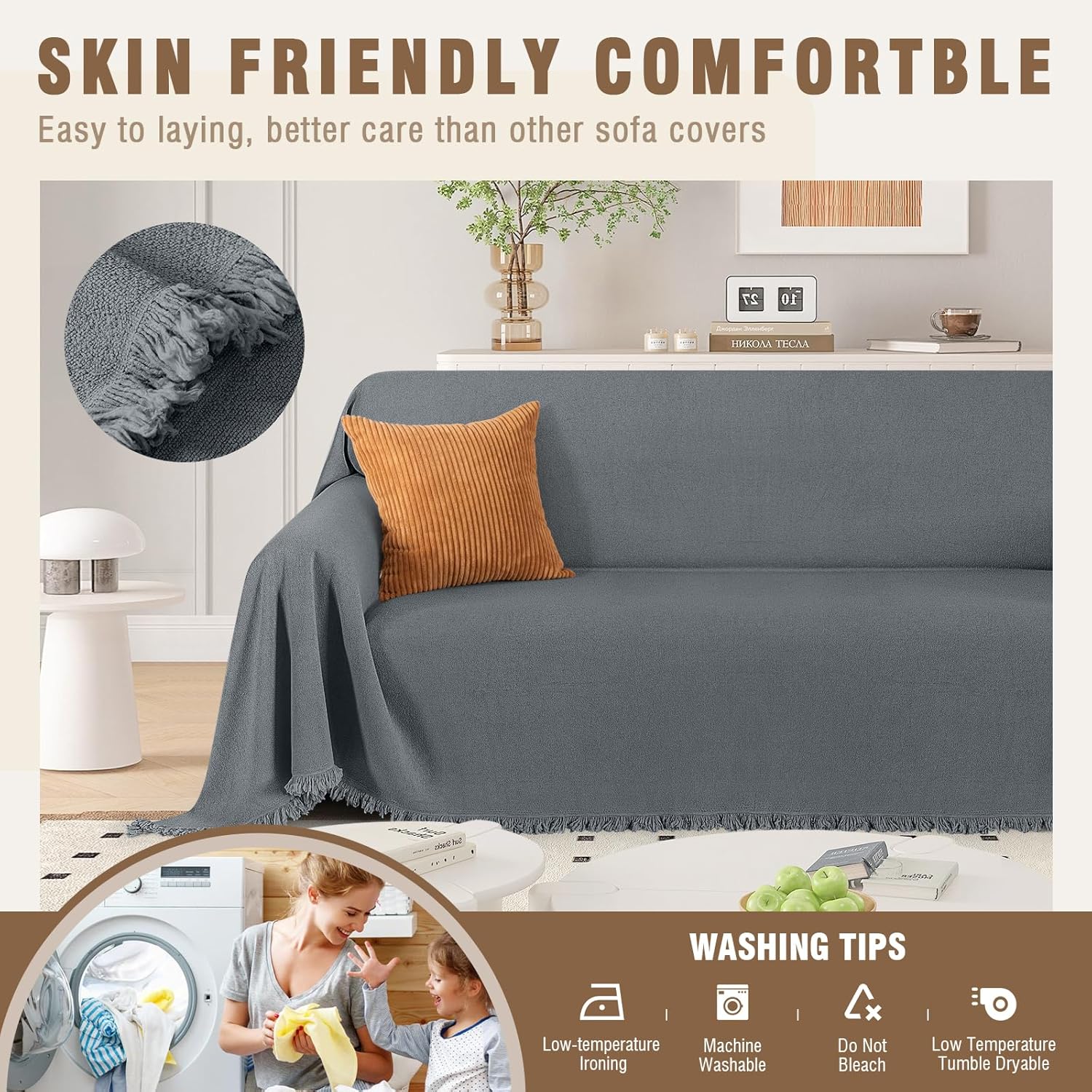 TAOCOCO Couch Cover, Couch Cover Blanket for Sofa, Thick Durable Throw for Sectional Couch, Washable Furniture Protector for Dogs Kids, Tassel Trim, 91''x134'' Dark Grey