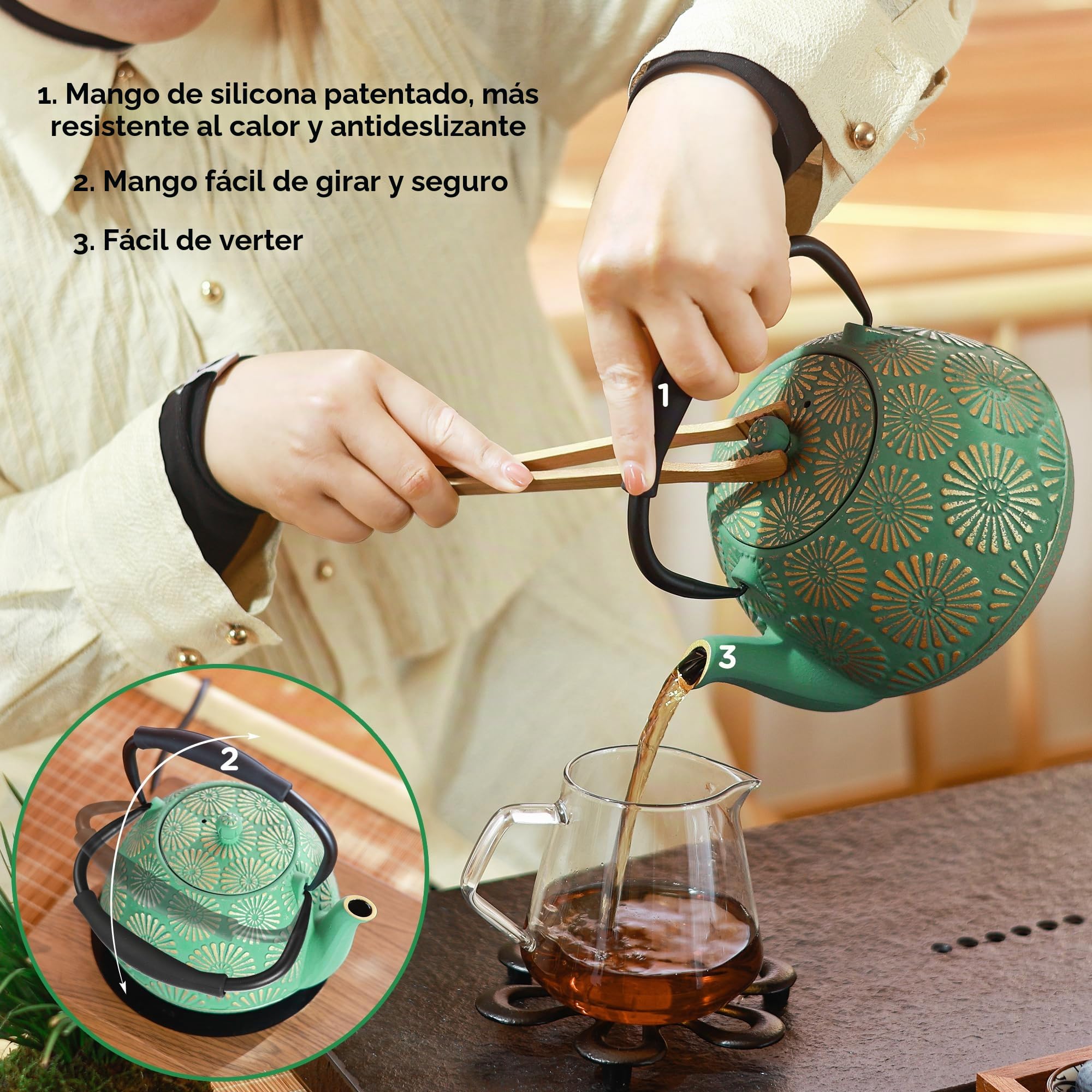 Tetera MILVBUSISS de hierro fundido, 1200 ml, gran capacidad, tetera con infusor para la estufa, tetera japonesa para hojas sueltas, revestida con interior esmaltado, asa de silicona,