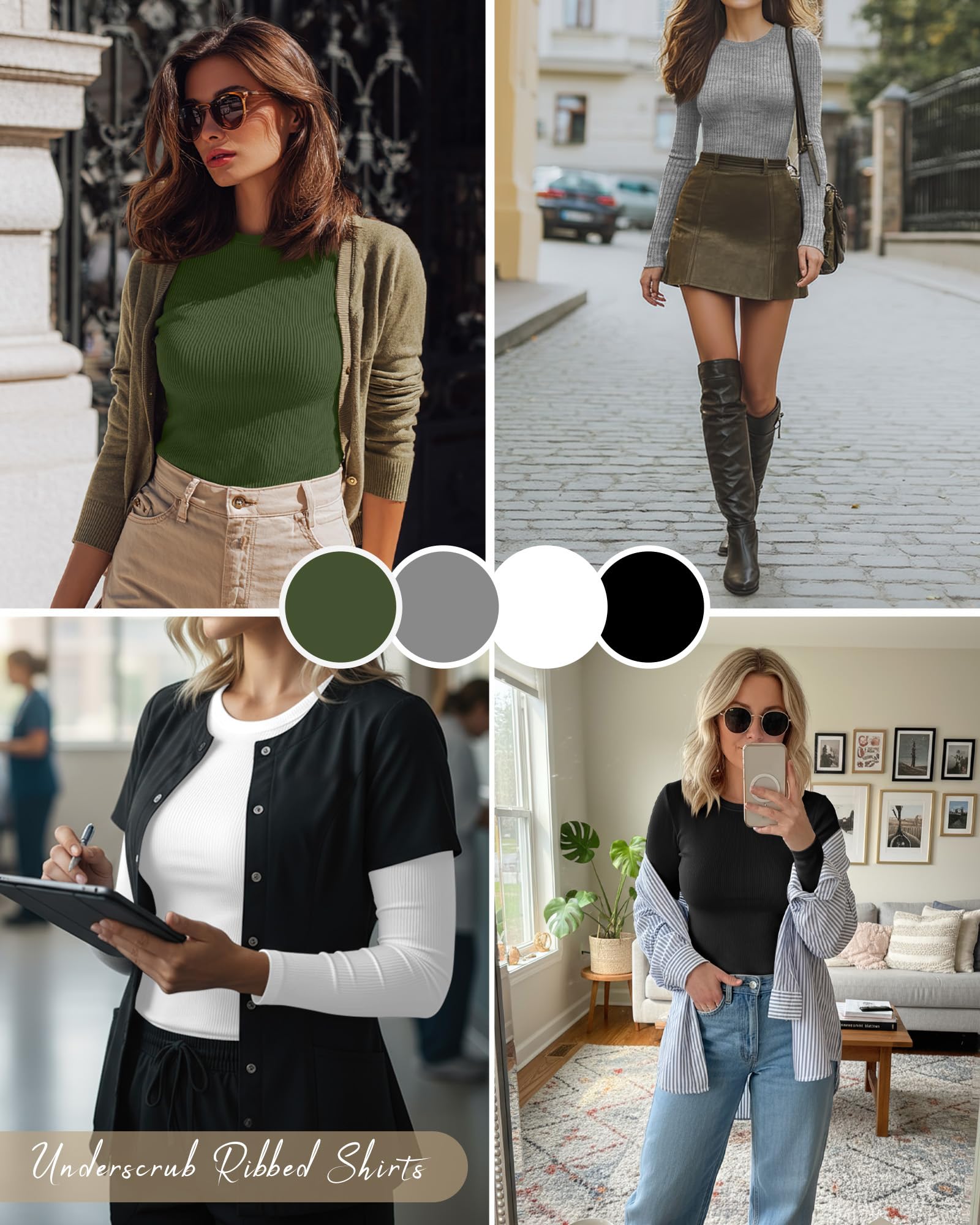 Neer Lot de 4 T-Shirts à Manches Longues Côtelés pour Femme, Col Rond en Coton, Coupe Ajustée, Maille Extensible | Hauts basiques à manches longues, sous-vêtements en tricot à col rond, t-shirts extensibles pour entraînement