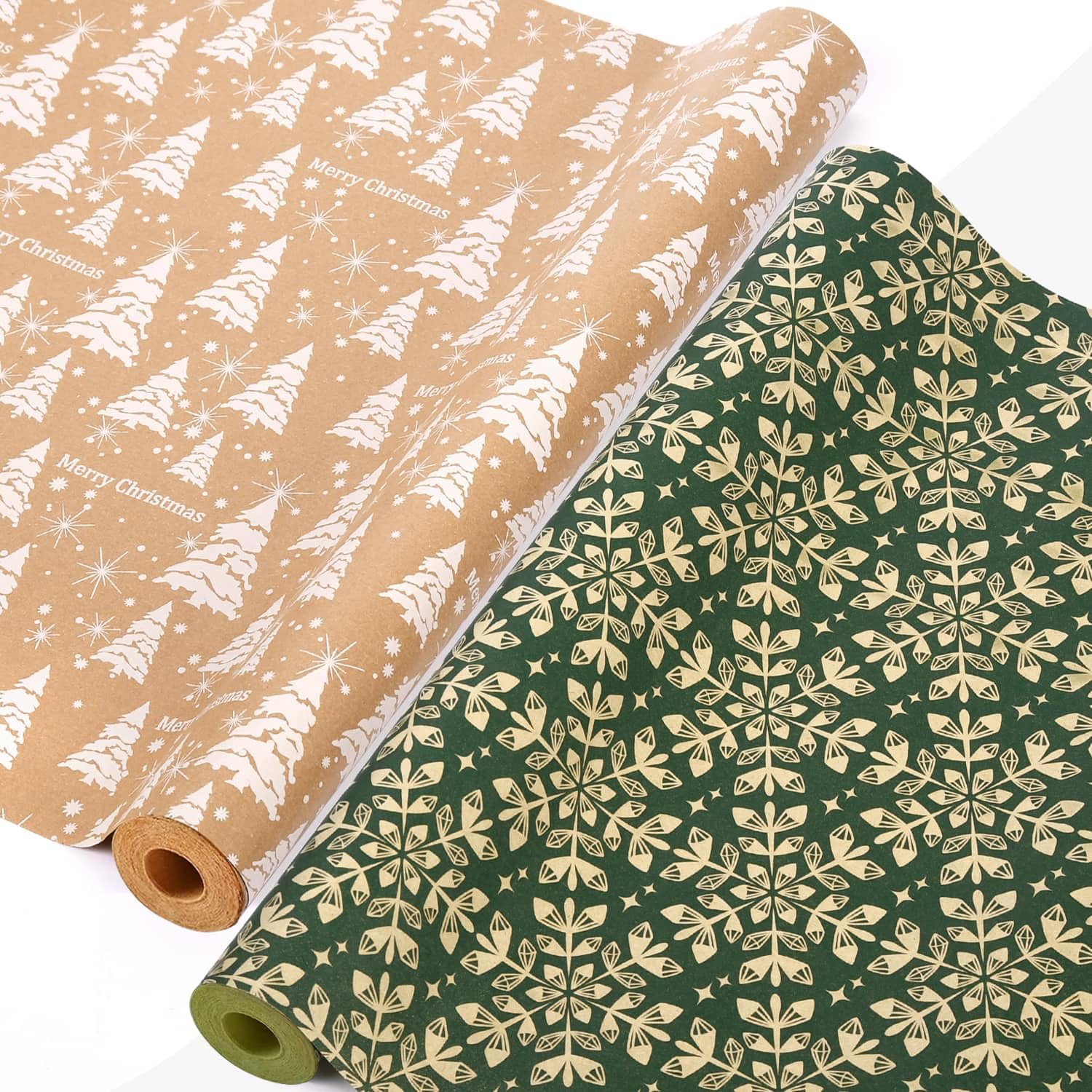 AhfuLife 2 Rolls Christmas Wrapping Paper, 43cm x 15M Xmas Wrapping Paper Rolls Recyclable Kraft Paper for Xmas Boxes Wrap Gift Birthday Festival Party Decorations (W: Christmas Tree/Snowflake)