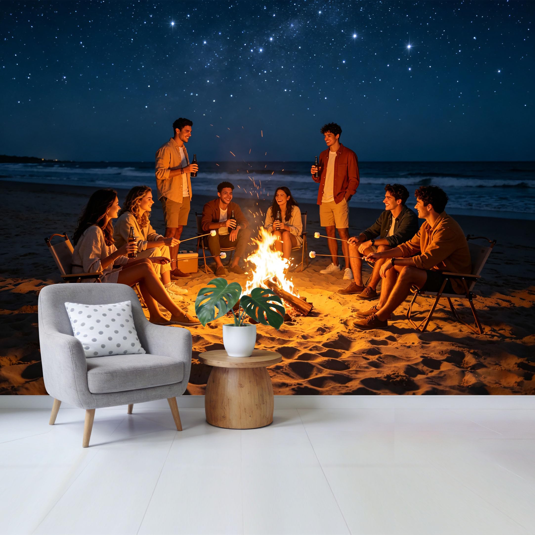 Qzlithotic Yq2605251197 Custom Size Wall Mural Night Beach Bonfire Party Starry Sky Landscape Selfadhesive Wall Fabric Removable Wallpaper For Home Office Decor