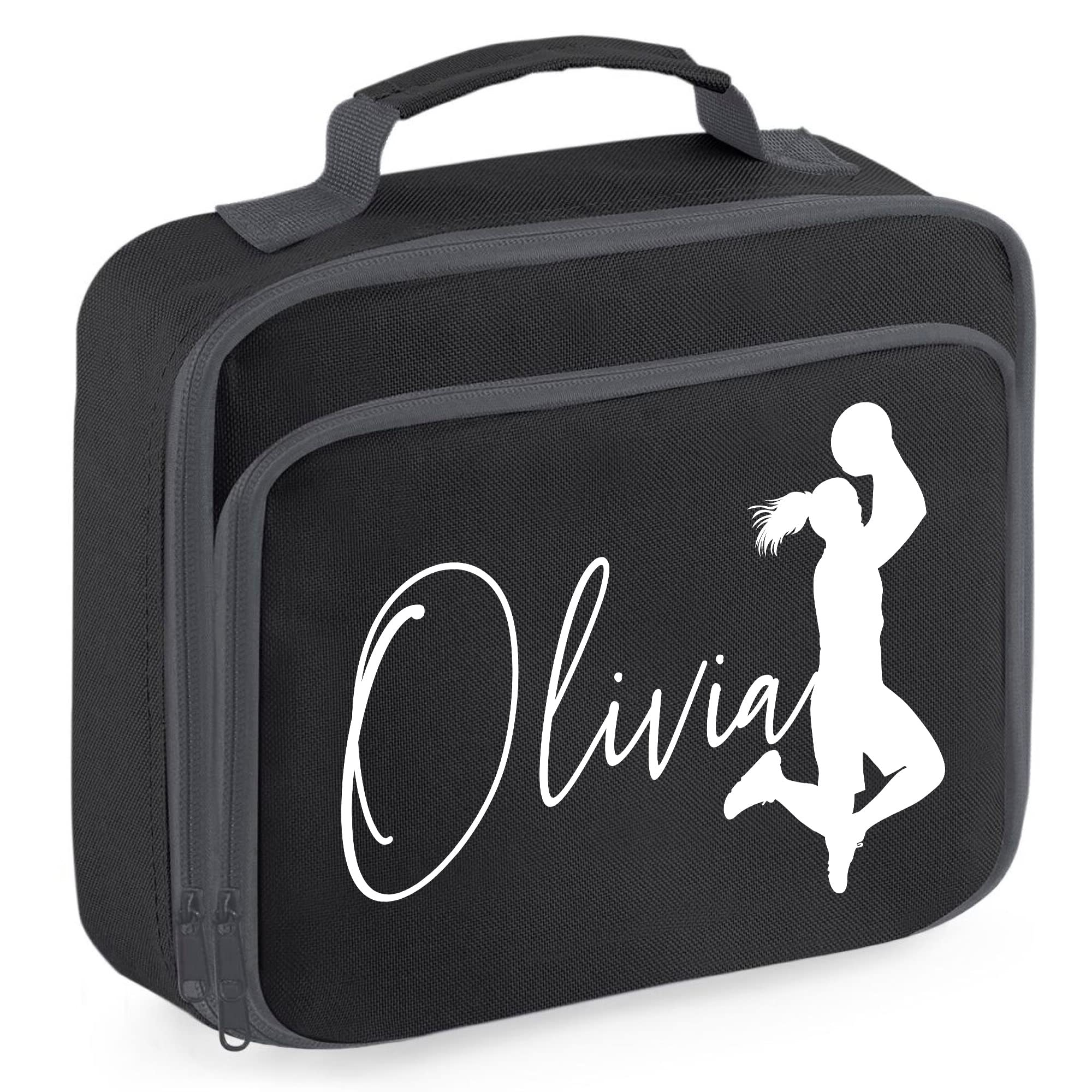 Personalised Netball Lunch Bag, Girls Netballer Lunch Cooler Bag, Back to School Gifts for Daughter, Kids Primary Nursery Net Ball Player Lunch Box, Black