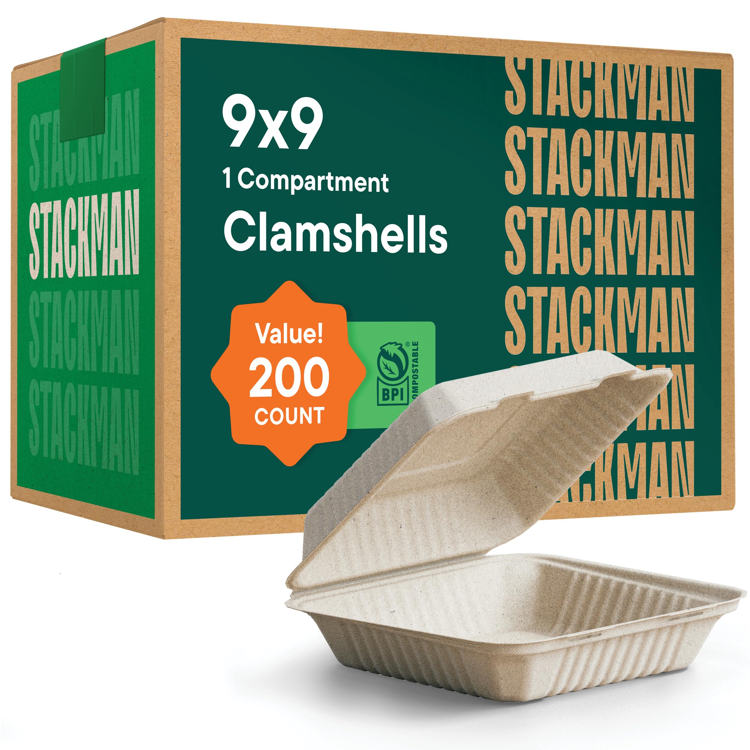 [Caja – Paquete de 200] Contenedores 100% compostables para llevar de 9 x 9 pulgadas, contenedor de alimentos con tapa con bisagras, platos desechables Togo, caja biodegradable ecológica para llevar