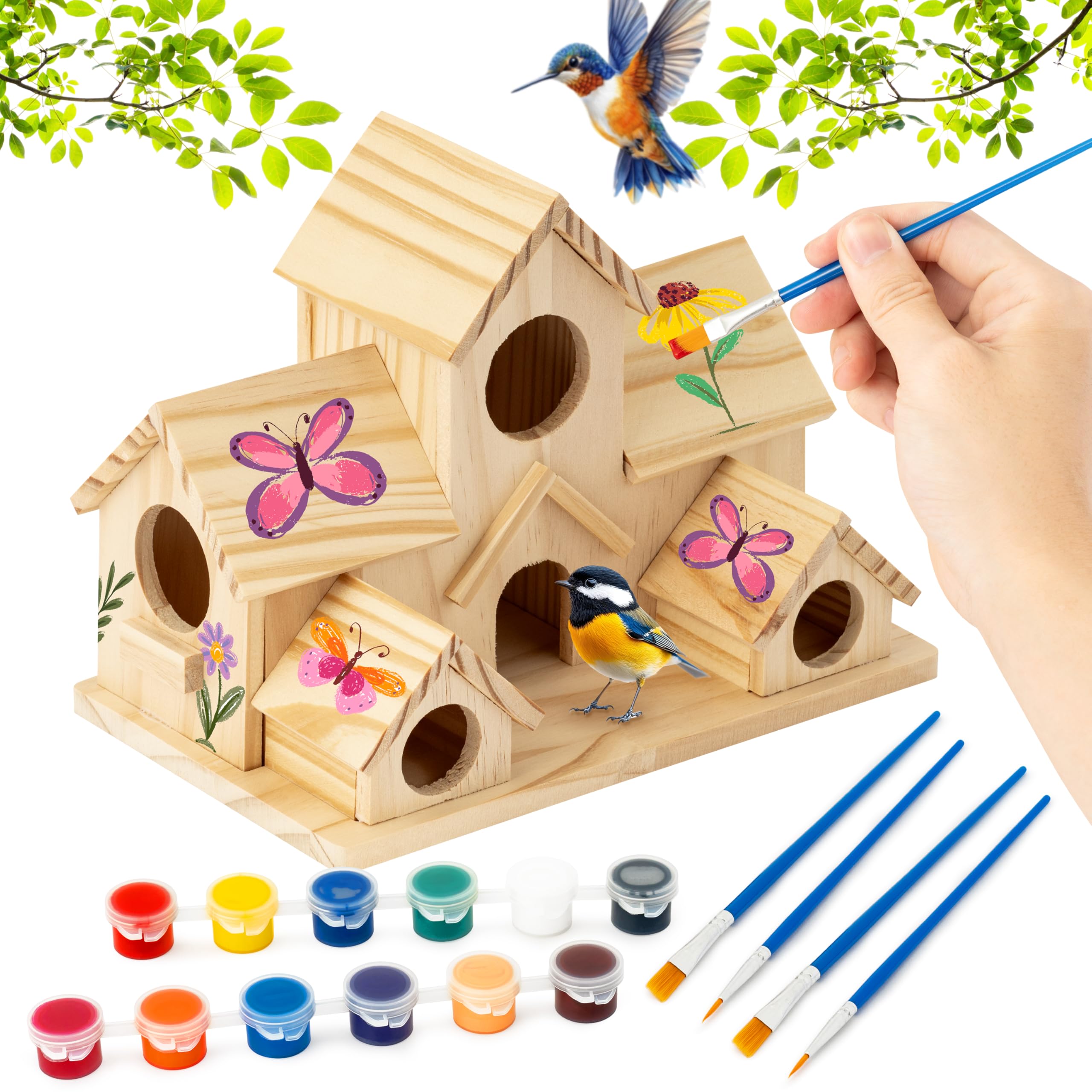 Wood Homing DIY Wooden Bird House Craft Kit - Wood Bird Nest Box Craft Supplies for Garden Decoration Wild Birds with Paint Brush Make Your Own Feeder Birdhouse for Kid Girl Boy Toddler Easter Gift