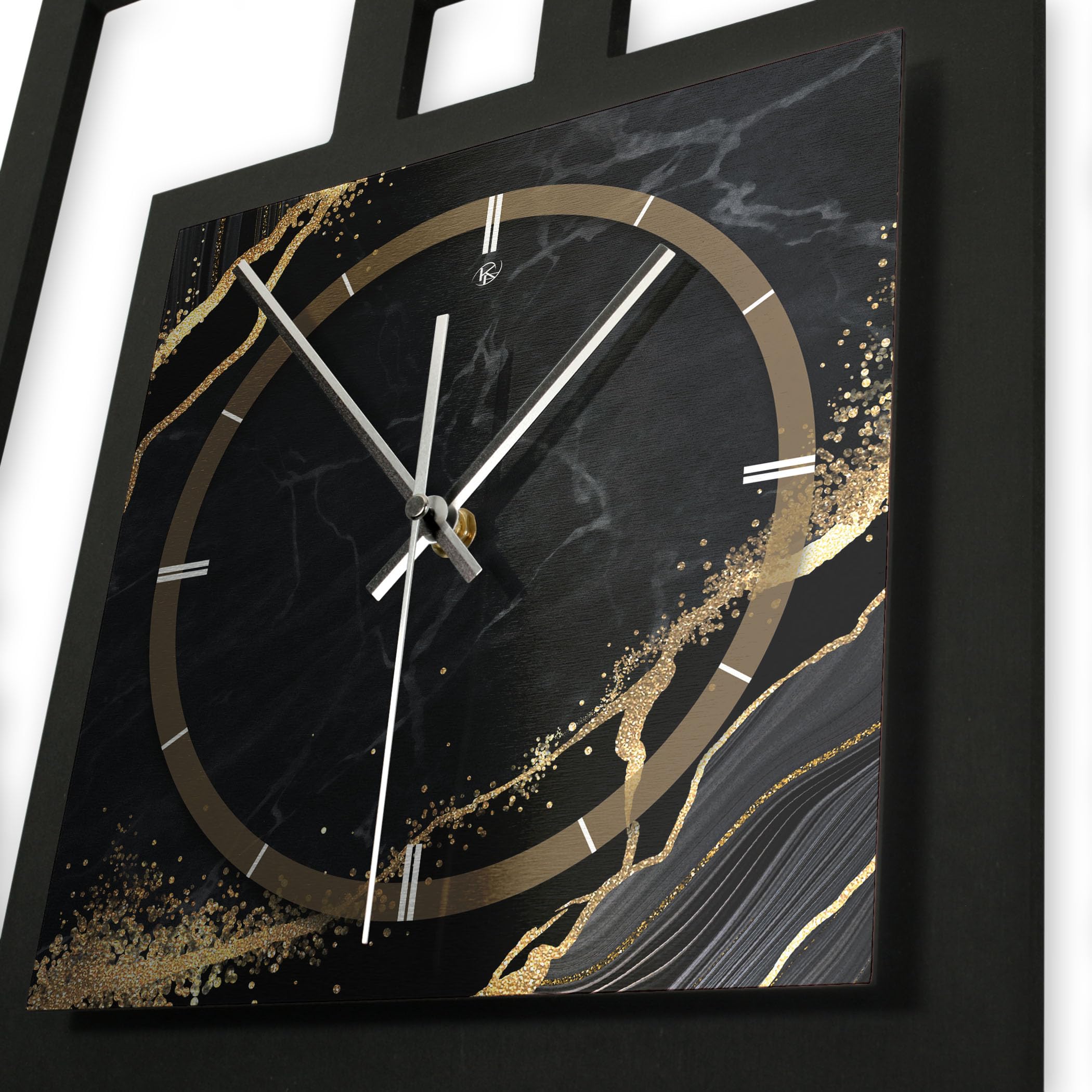 Kreative Feder Designer-Wanduhr in modernem Metallic-Look ohne Tickgeräusche (Black & Gold Waves, leises Funkuhrwerk)