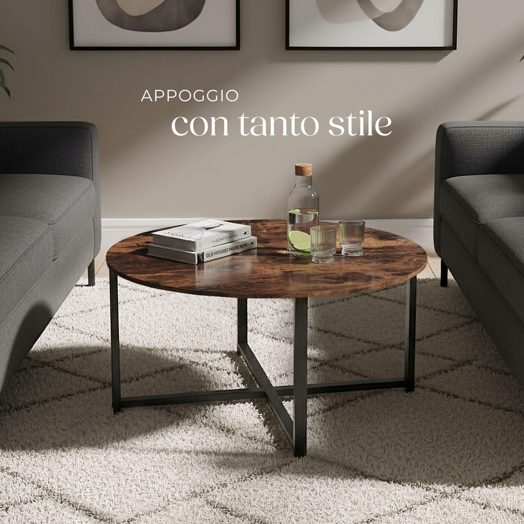 tectake® Tavolino Salotto 88,5x47cm, Tavolino Salotto o Divano, Tavolo Tondo, Design Moderno, Telaio in Acciaio, Piedini Regolabili, Ideale Soggiorno, Casa, Ufficio - Legno Industriale Scuro