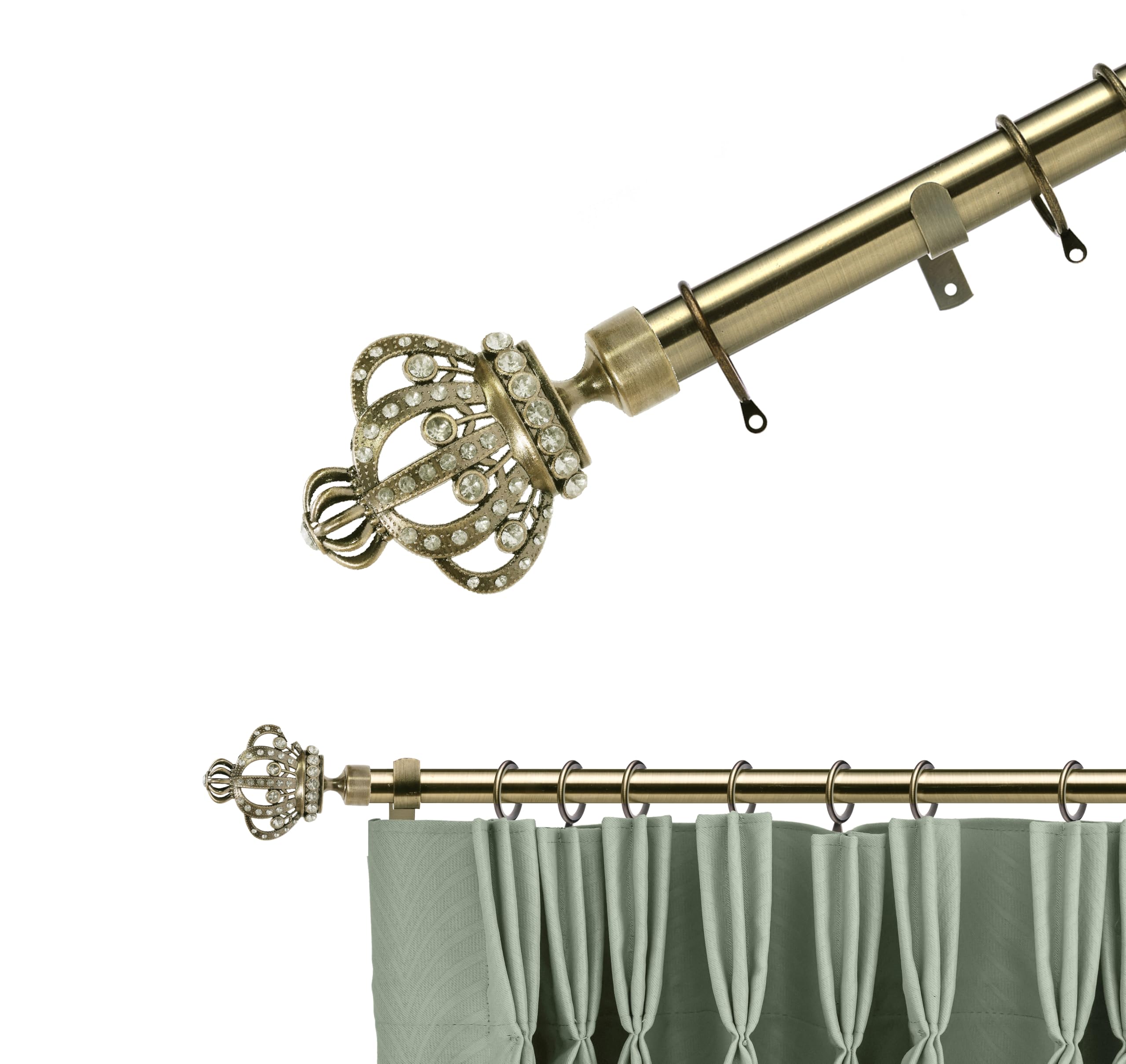 Lister Cartwright 28mm Antique Brass Adjustable Extendable Metal Curtain Pole Set Rings with Crowning Majesty Finial Voile Easy fit to Outdoor, Bedroom, Living Room (120-220 cm)