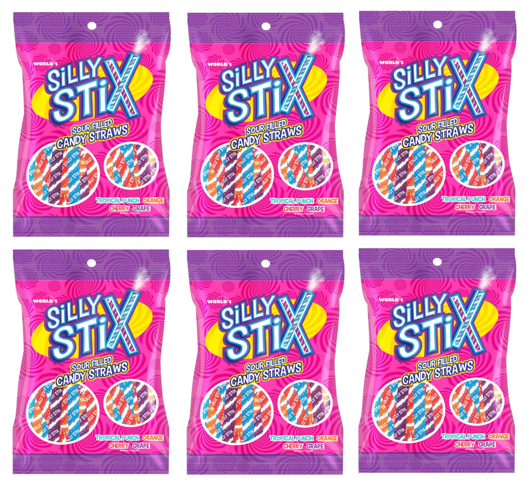 Silly Stix Sour Filled Candy Straws - 2.75 oz Bag - Pack of 6 - Variety of Flavors - Tropical Punch, Orange, Cherry, and Grape - Fun for Everyone - Easy to Share with Friends and Family