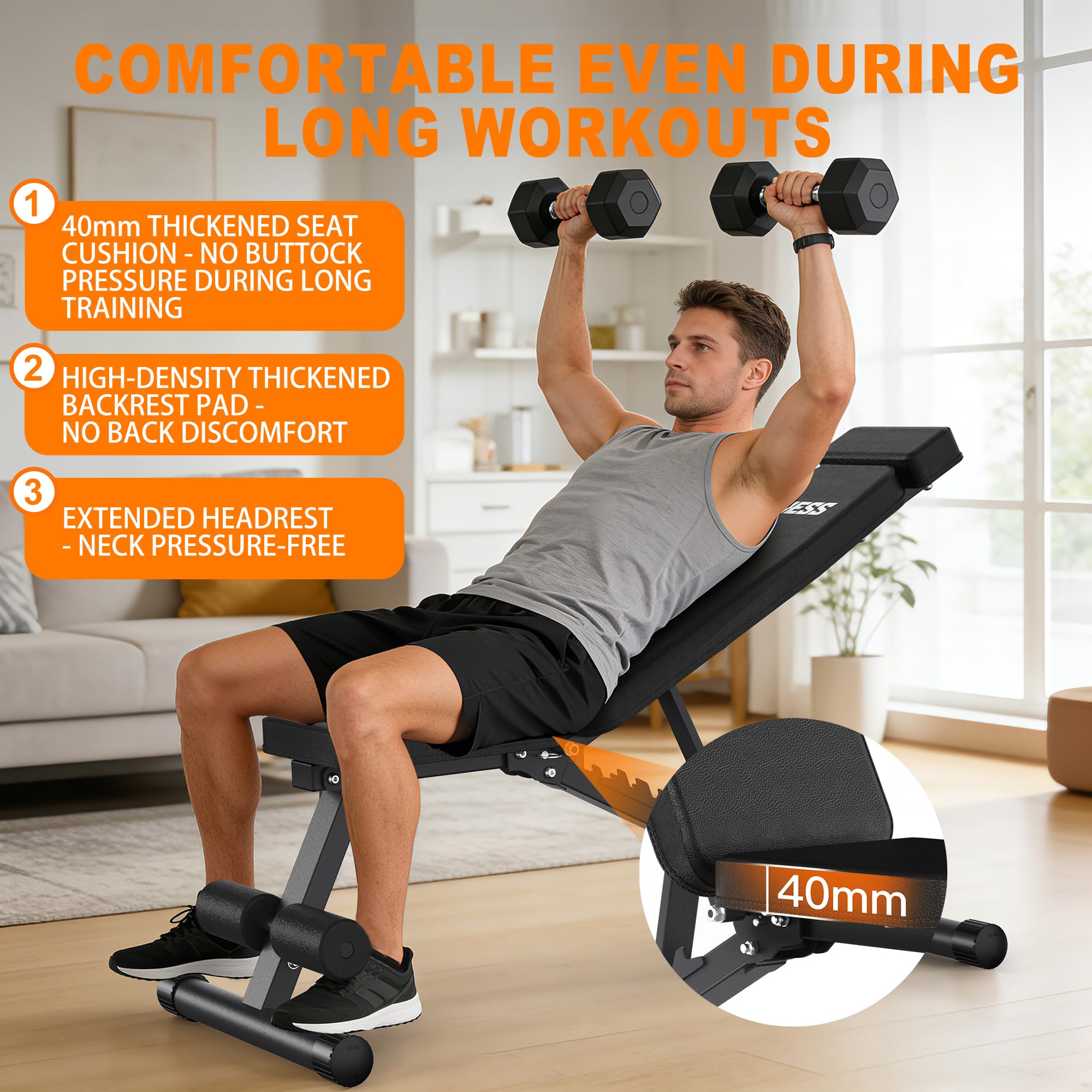 Panca regolabile per allenamento a casa, 10 angoli di regolazione (90°-205°), pieghevole, multifunzione, per allenamento, fitness, 420 mm, design stabile e confortevole