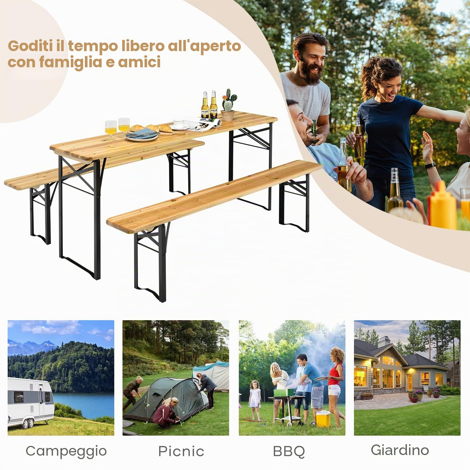 GIANTEX Set da Tavolo e 2 Panche da Campeggio Pieghevole, Tavolo da Picnic in Legno con Telaio e Gambe in Ferro Robusto，Adatto per Terrazza, Barbecue e Festa in Giardino