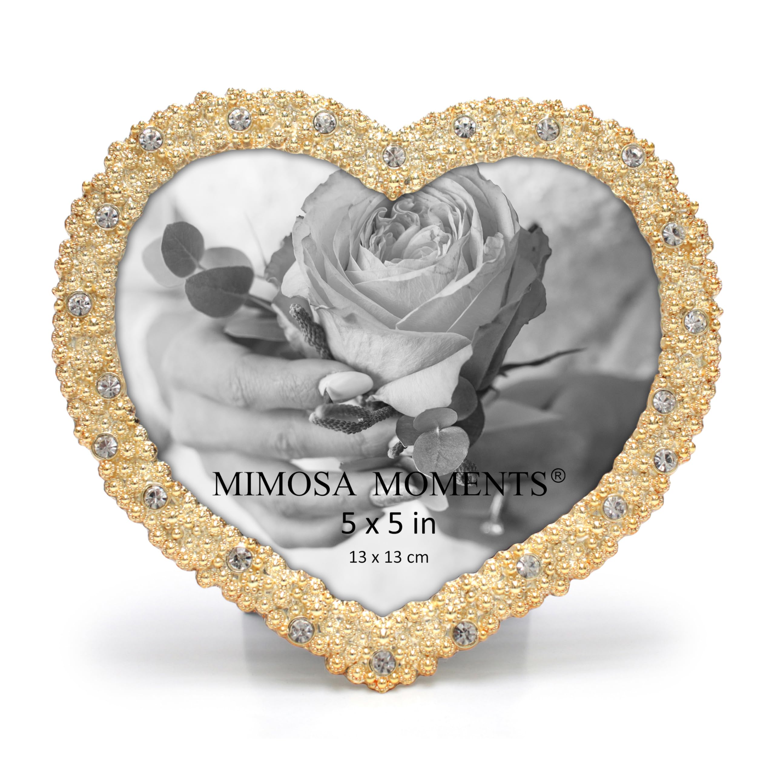 MIMOSA MOMENTS Heart shaped Jewel Bling Brass Picture Frame with Rhinestones, Tabelop Photo Frame for DesktopChristmas, Wedding Anniversary, Birthday or Bride Wedding Day Gifts for Grandma Mom Couple