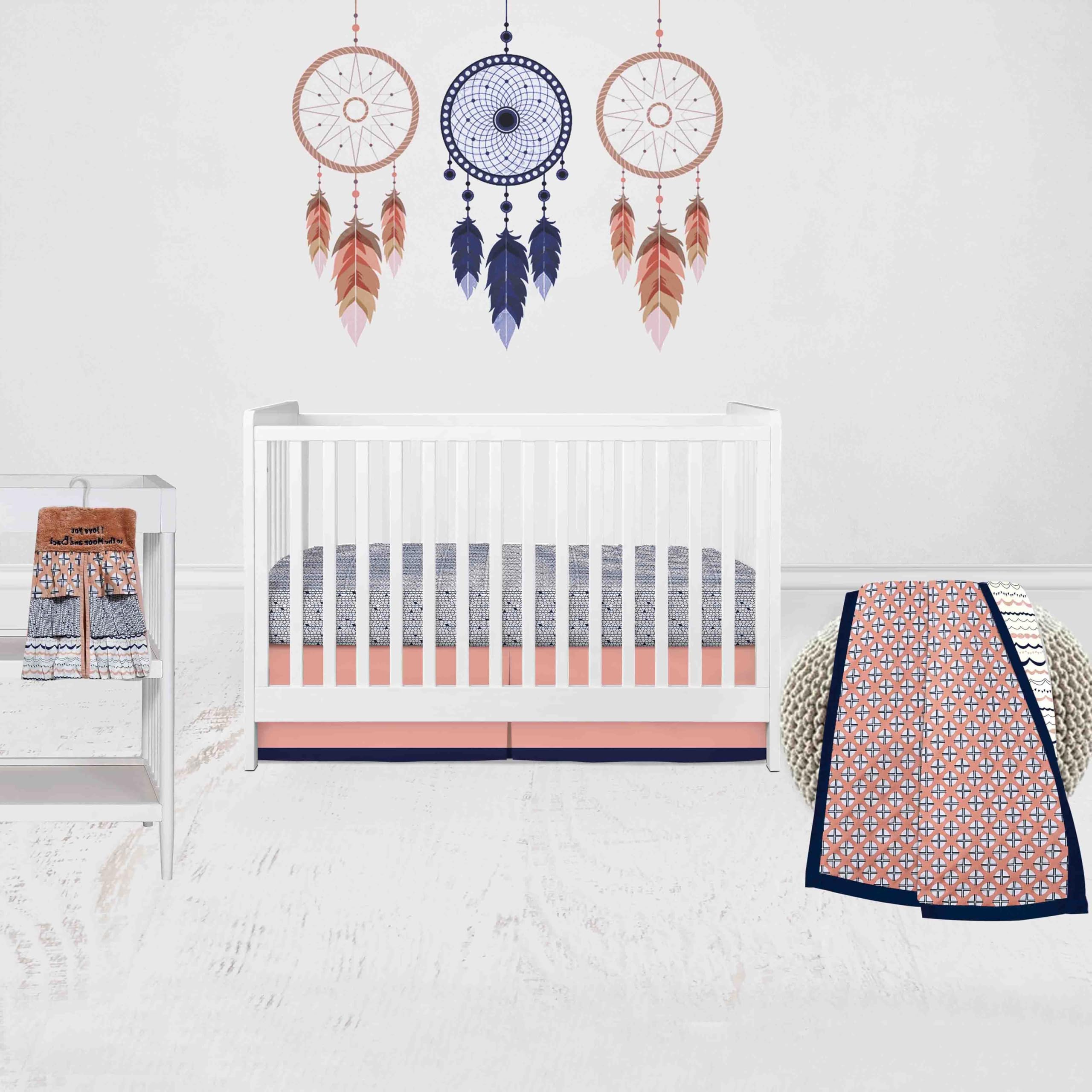 Bacati - Olivia Coral Navy 4 Piece Crib Bedding Set with Diaper Caddy