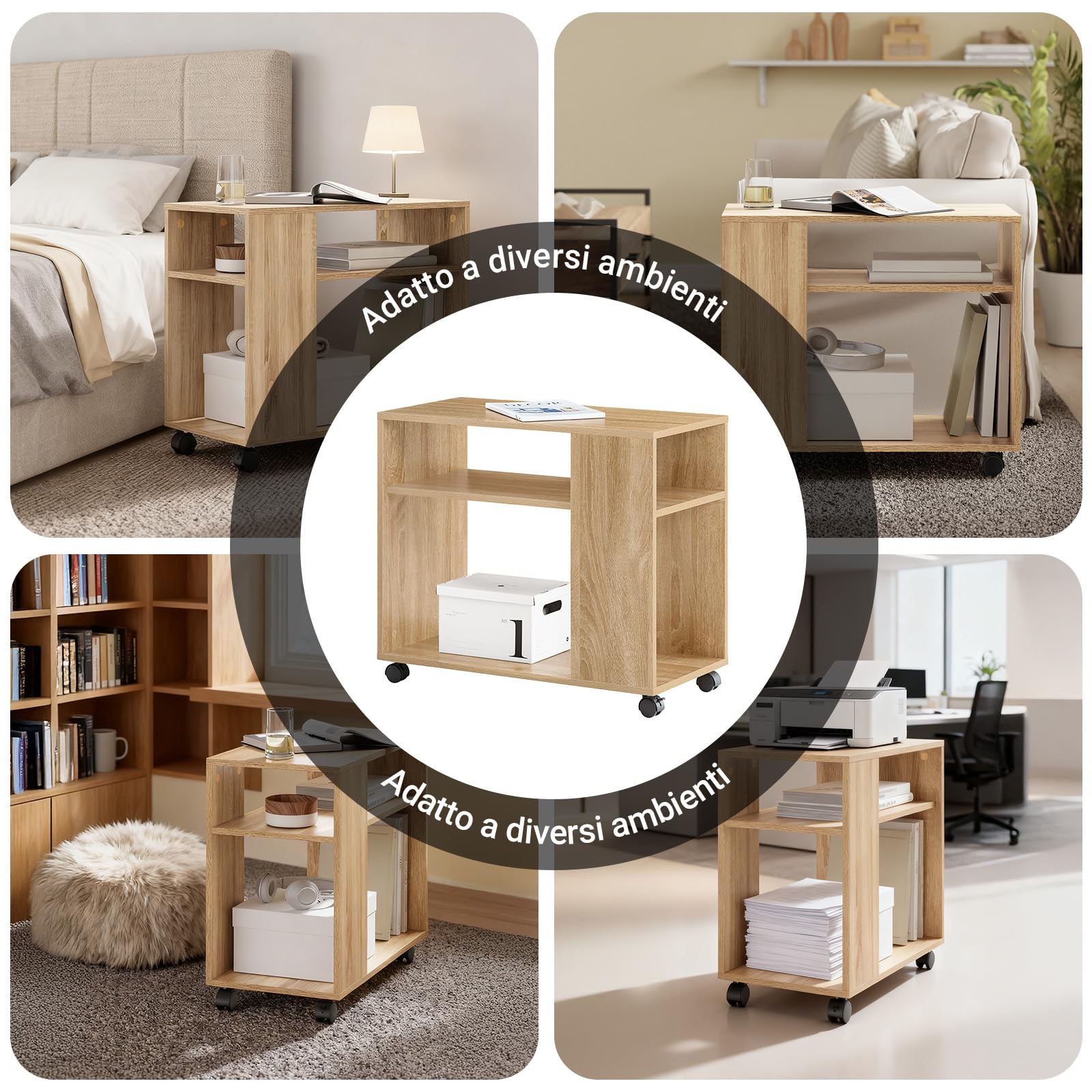 SoBuy Tavolino con rotelle, Tavolino rotante a 2 livelli con ripiani, Libreria mobile per soggiorno, camera, ufficio, L70 x P35 x H60cm Naturale FBT34-N