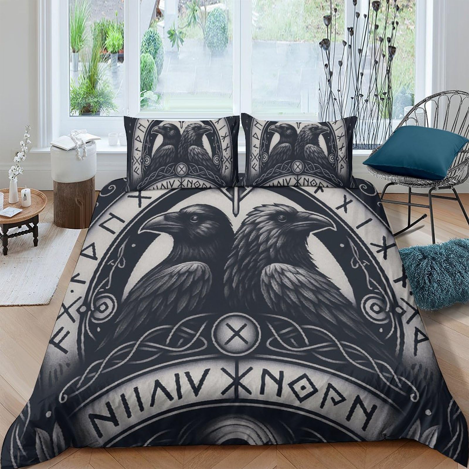 Ctjqhvkz Style-6 3D Printed Viking Raven Fitted Sheet Microfiber Black Nordic Rune Bed Cover For Bedroom Dorm Mattress Protection Decor Single（135X200cm）