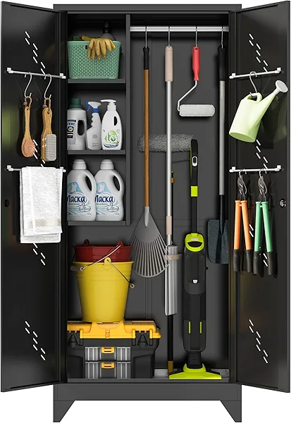 75“ Metal Garage Storage Cabinet, Cleaning Tool Storage Cabinet, Utility Garage Storage Broom Closet with Doors, Hanging Rod (Black, Door-2)