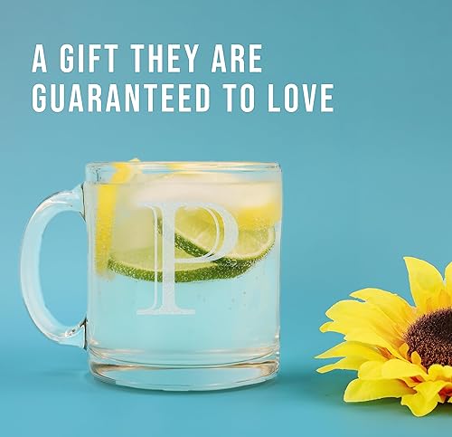 Miniatura 2 de Spotted Dog Company Taza de café de vidrio transparente con monograma grabado de 12 onzas (letra P), regalos de café personalizados de la A a la Z,