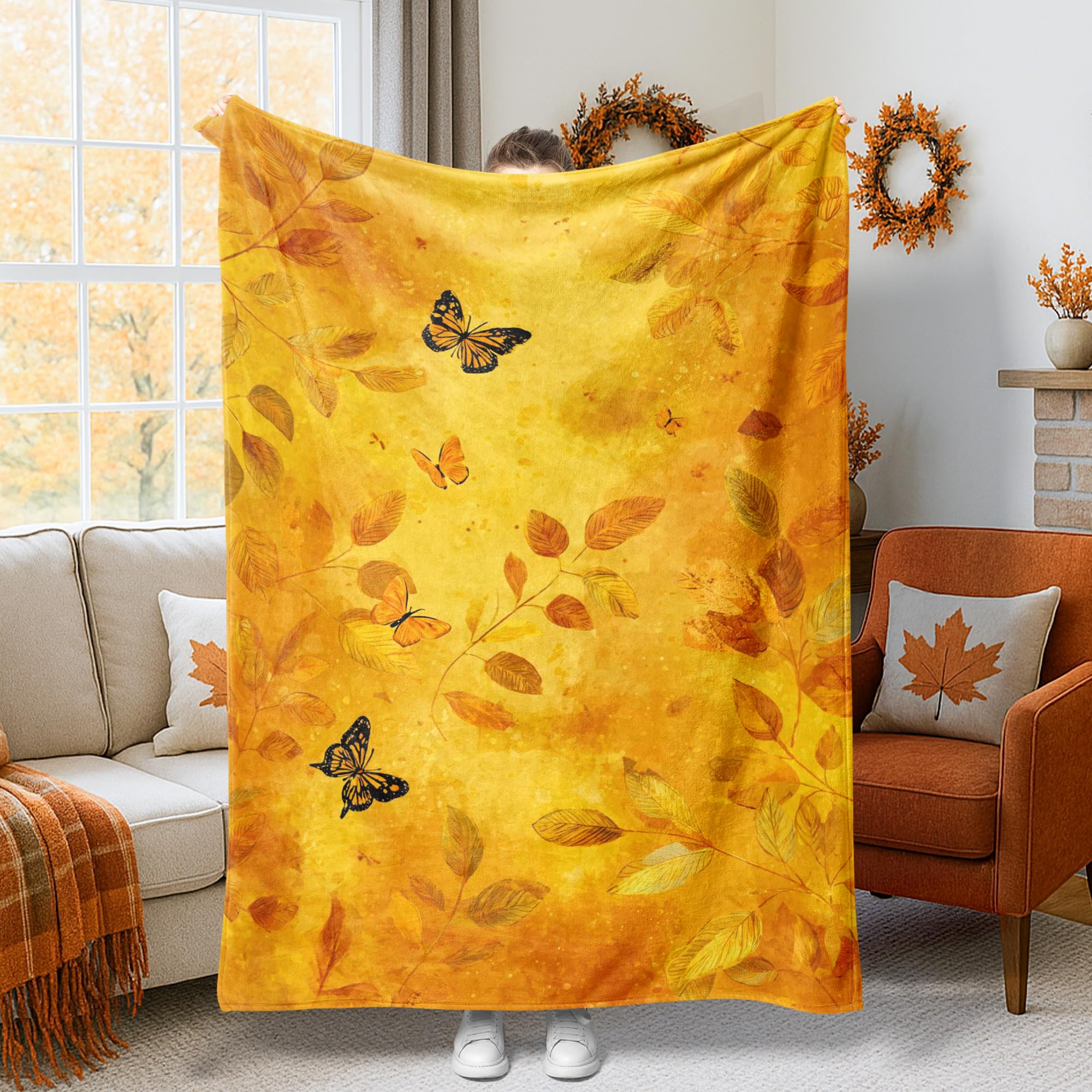 Butterfly Throw Blanket, Fall Nature-Inspired Leaves Floral Fall Yellow Flannel Blanket Soft Lightweight Decorative for Couch Sofa Bed Recliner Dorm Lap Chair 60x80 Inch