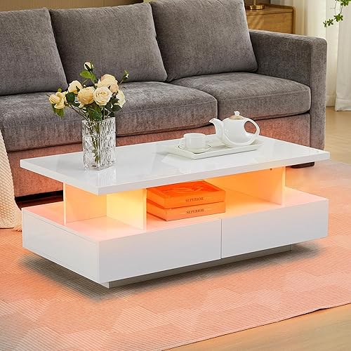 Mesa de centro LED, moderna mesa de centro de alto brillo con 4 cajones y estante de exhibición abierto, mesas centrales rectangulares de madera con