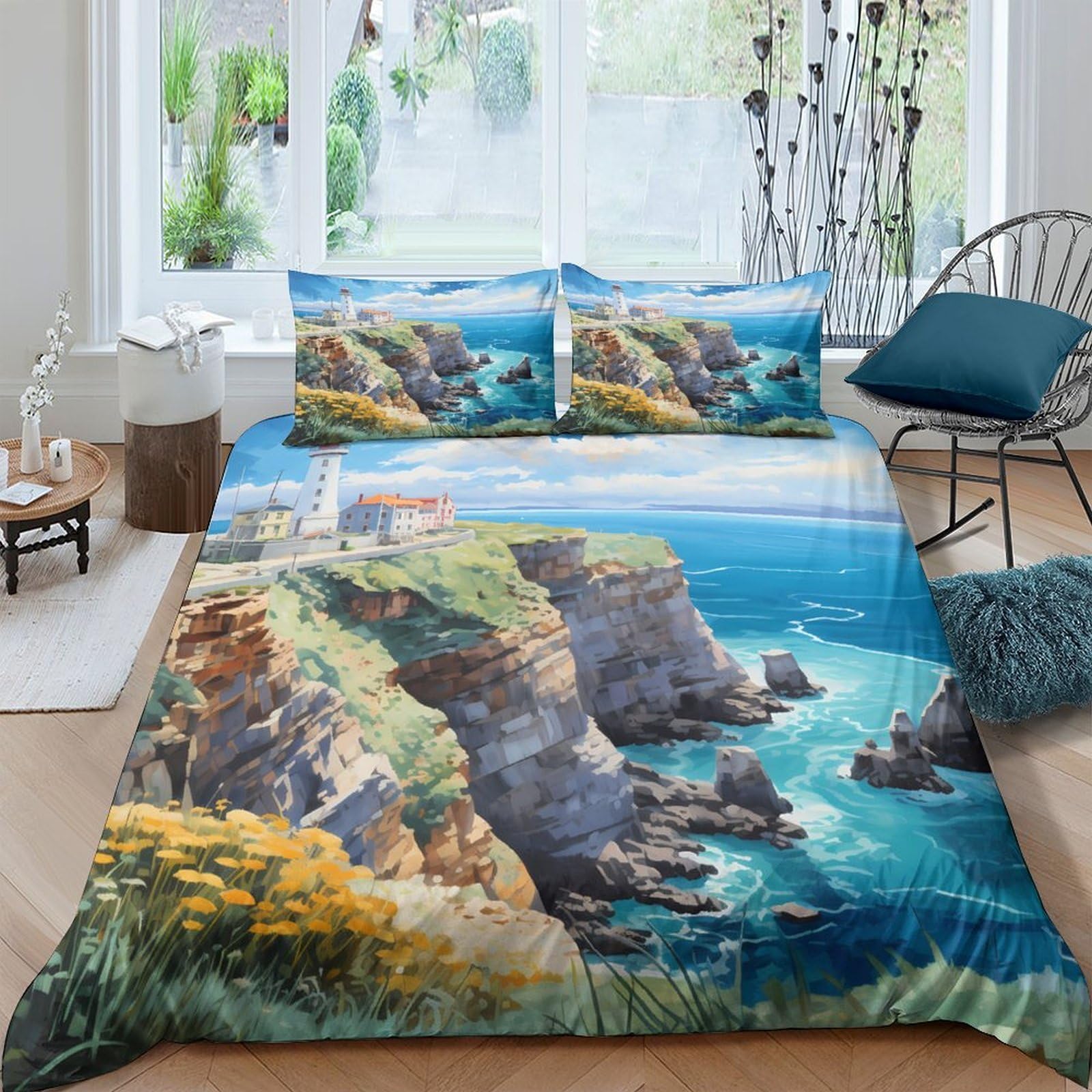 Ctjqhvkz Style-3 3D Printed Coastal Cliff Fitted Sheet Microfiber Soft Breathable Ocean View Mattress Cover For Bedroom Home Decor Single（135X200cm）
