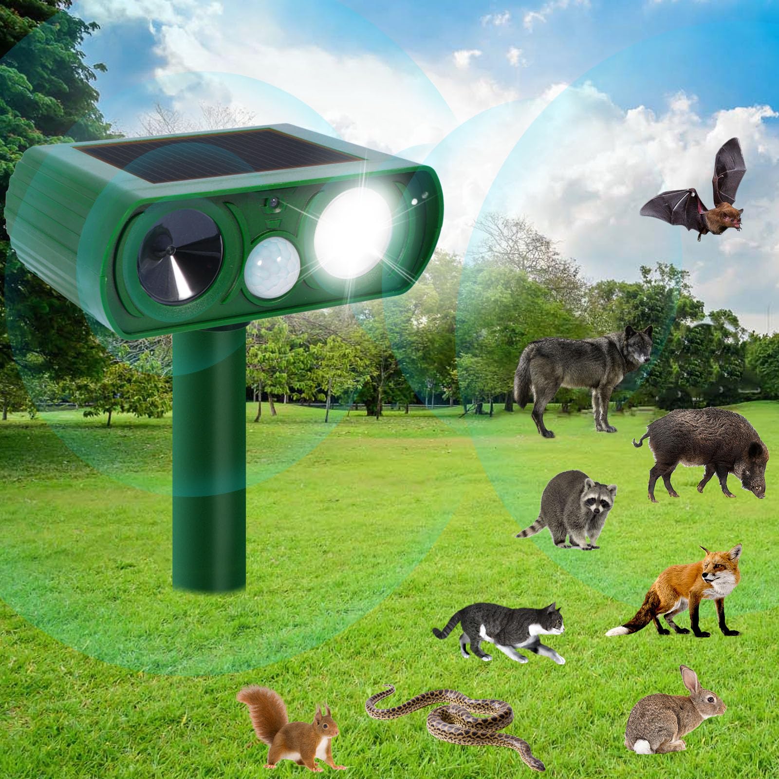 Répulsif Chat Ultrason Extérieur avec Détecteur de Mouvement Lumière LED Étanche pour Jardin Chien Écureuil Renard 510B