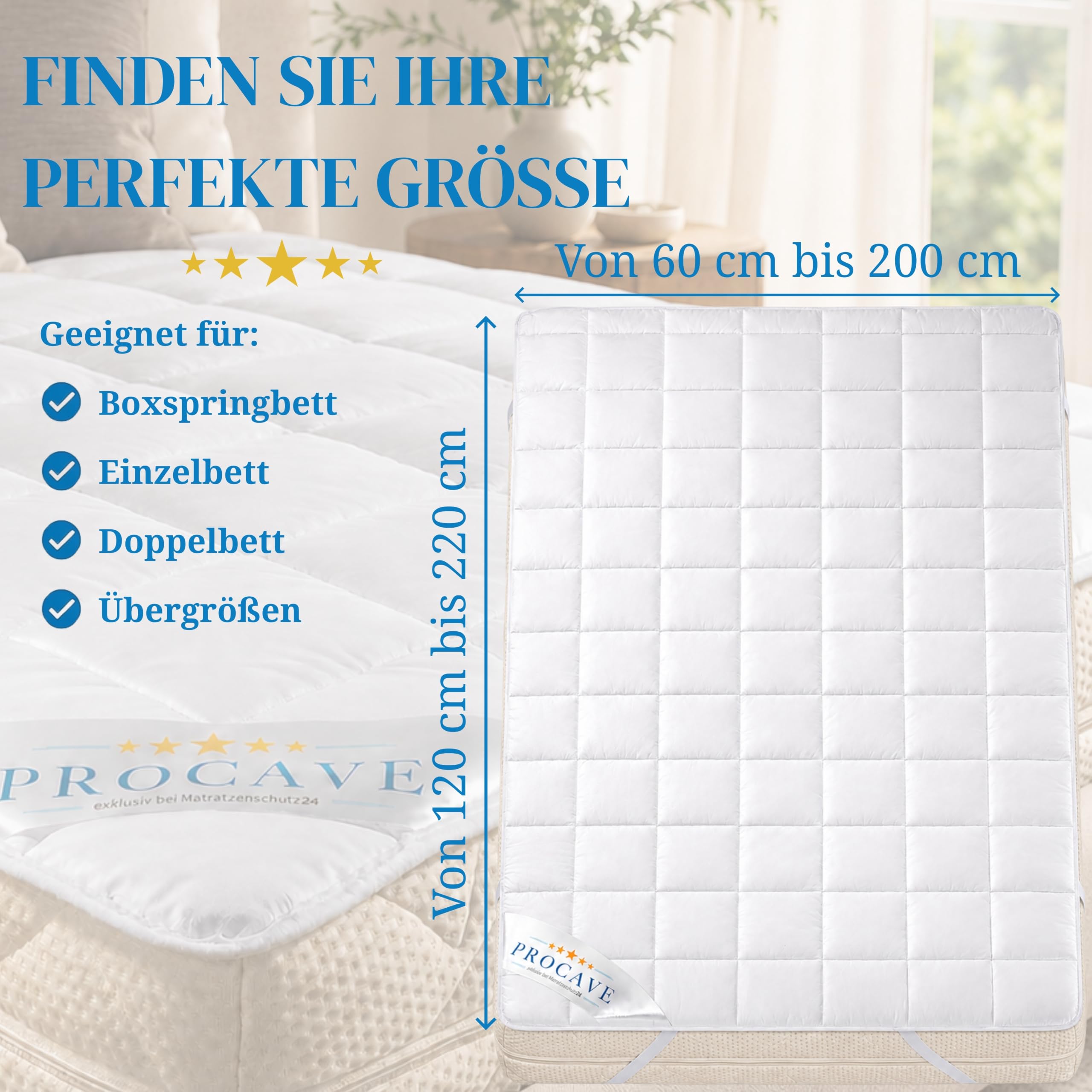 PROCAVE weiches Unterbett aus 100% Baumwolle, atmungsaktiver Matratzen-Schoner, hochwertige Matratzentopper, Matratzen-Auflage 140x200 cm