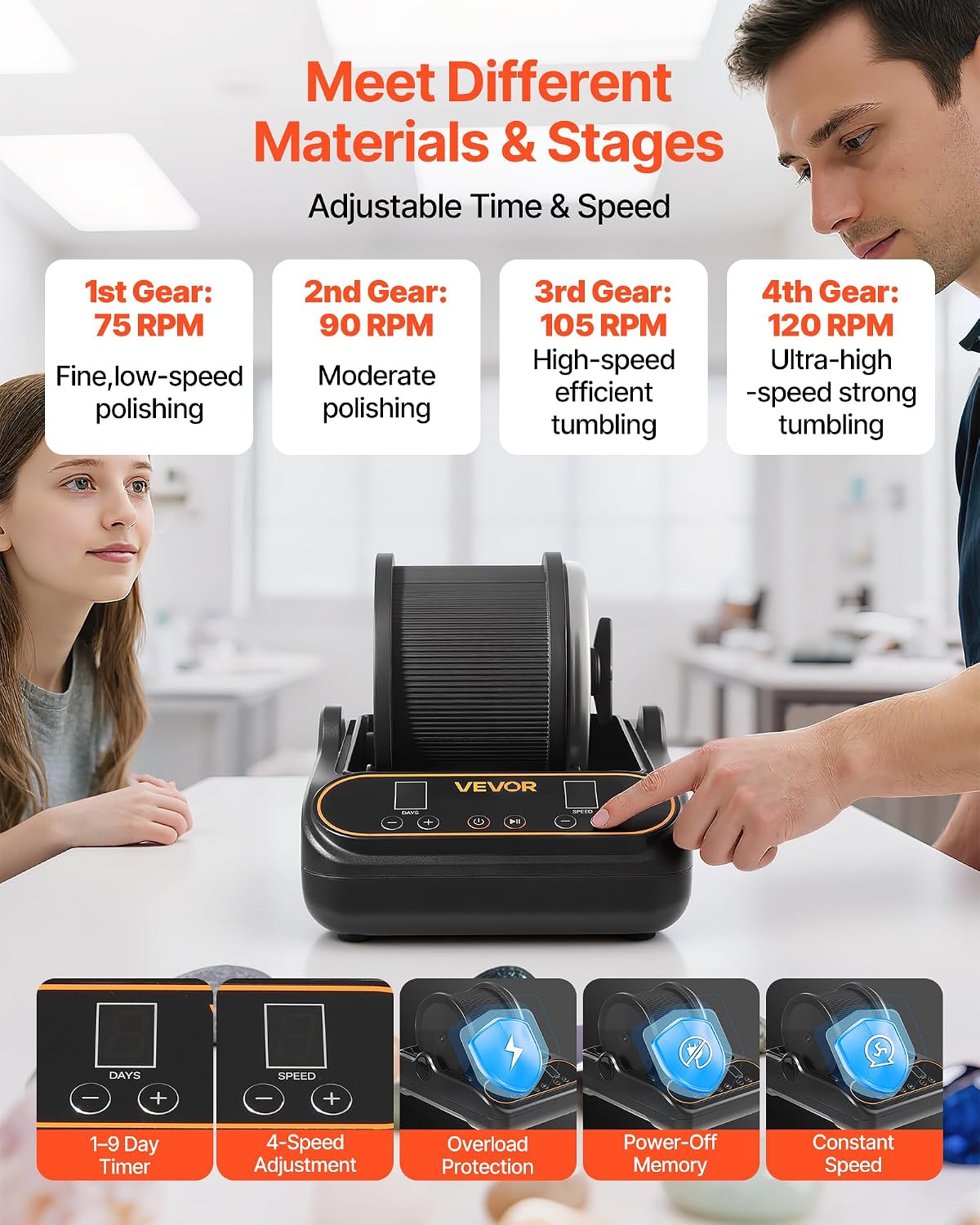 VEVOR Rock Tumbler, 1 lb Rock Polishing Machine, Rocks Tumbling Kit with 4-Speed Adjustment, 1–9 Day Timer, PC Sound Reduction Cover & TPU Drum, Direct Drive Motor Rocks Polishing, Quiet Operation