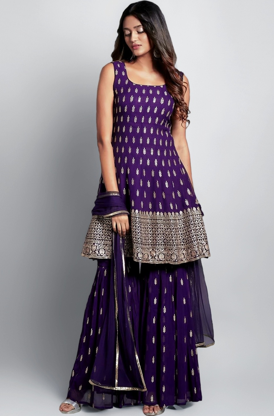 Women's Embroiderd Work Navyblue Color Weding Wear Anarkali Kurta Sharara Set