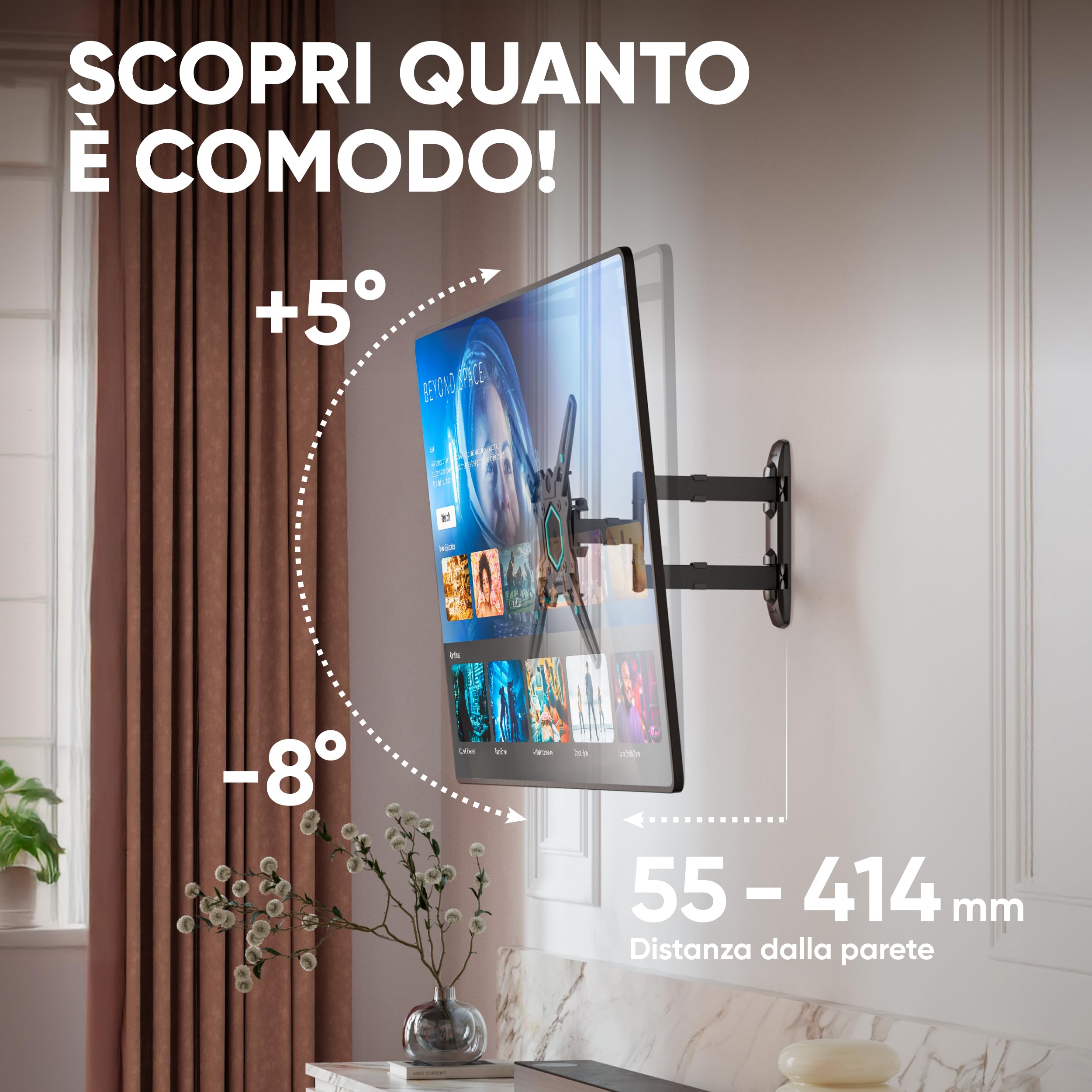 ONKRON Supporto TV Parete 32-65 pollici, 35 kg, VESA 100x100-400x400 mm, Braccio TV Girevole e Inclinabile, Porta Televisore a Muro Estensibile, Staffa Televisore Universale, Regolabile, Nero M4-B