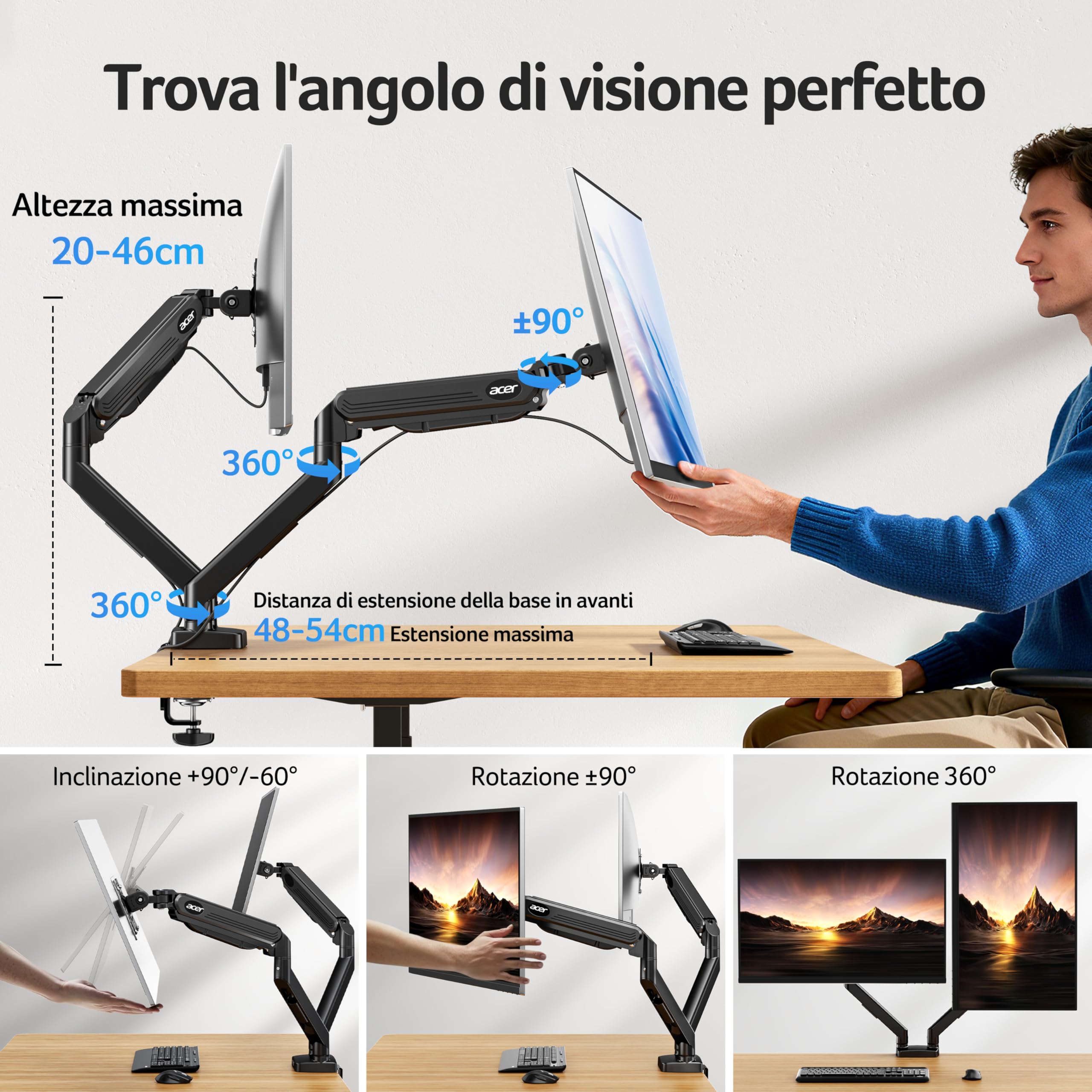 acer Braccio Monitor Doppio Supporto Schermi 17-32 Pollici, Supporto Monitor Scrivania con Molla a Gas, Regolabile in Altezza, Capacità di Carico 2-9 kg, VESA 75x75/100x100