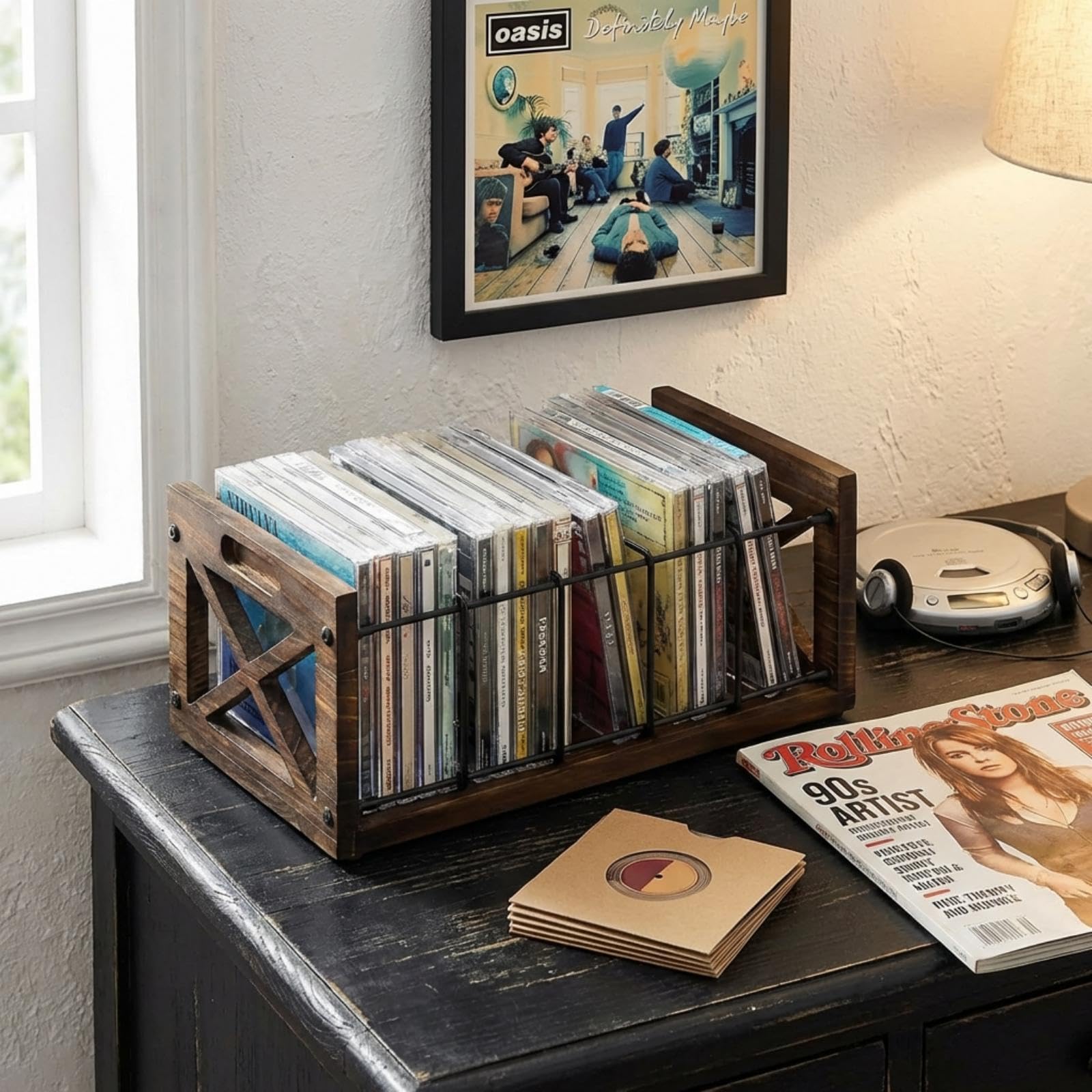 FARM IN Portabagagli per CD e DVD a 5 fessure, con maniglie, design rustico, legno massello bruciato e filo metallico nero