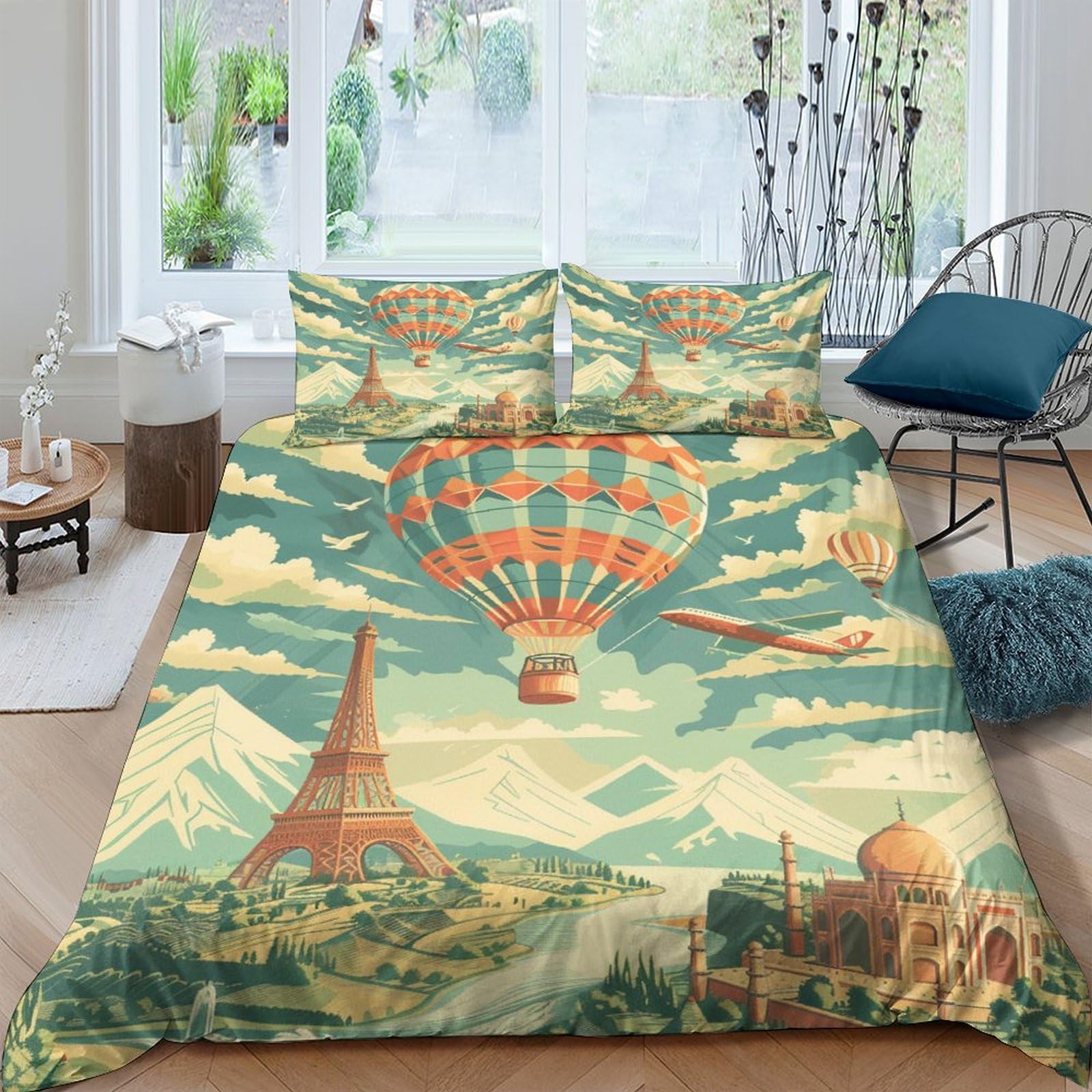 Parure de lit microfibre 3 pièces motif ballon ciel comprenant housse de couette 220x240 cm