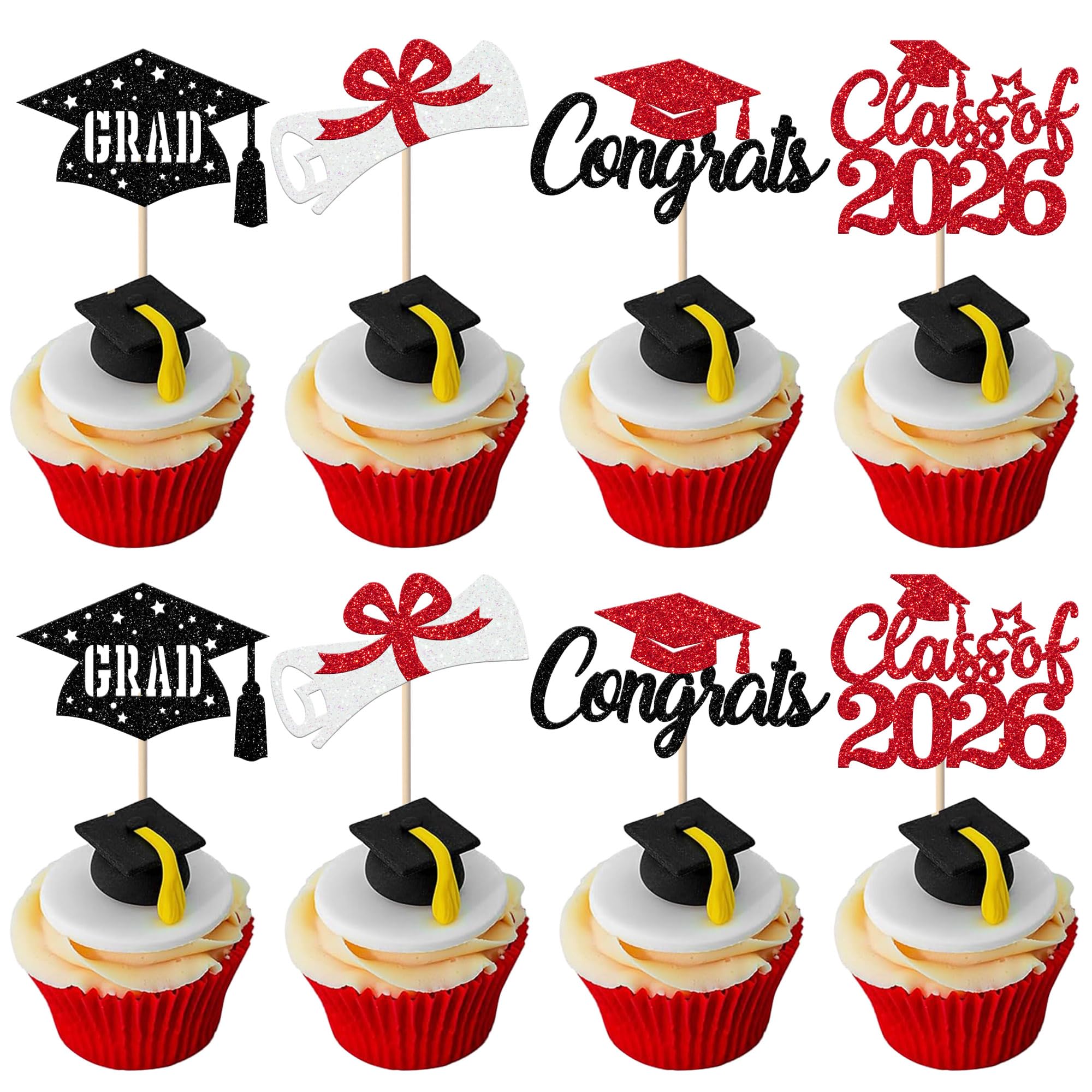 SYKYCTCY 24 Pack Class of 2026 Cupcake Toppers Glitter Diploma Congrats Grad Cap Done Cupcake Picks 2026 graduation Cake Decorations for 2026 Graduation Theme Party Supplies Black Red