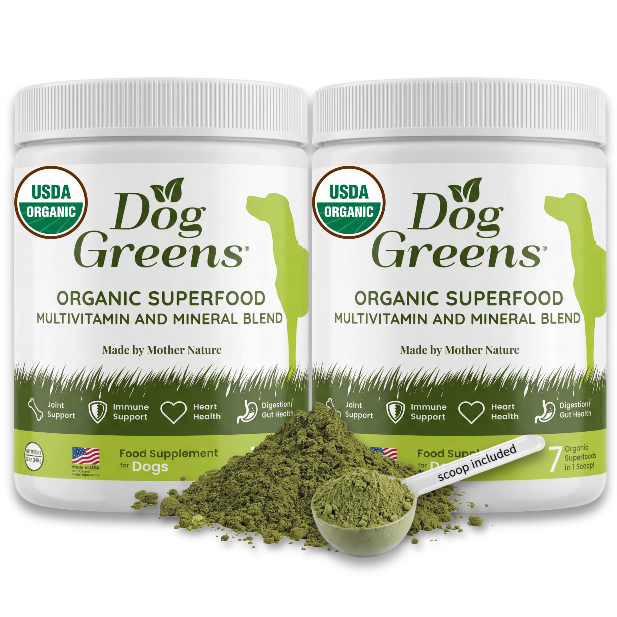 Organic Dog Multivitamin Supplement (12 oz) | Dog Greens Powder - Human Grade Superfoods, adds Essential Vitamins & Minerals to Balance a Homemade Diet, Kibble, Vegan or Raw Food (2 Pack)
