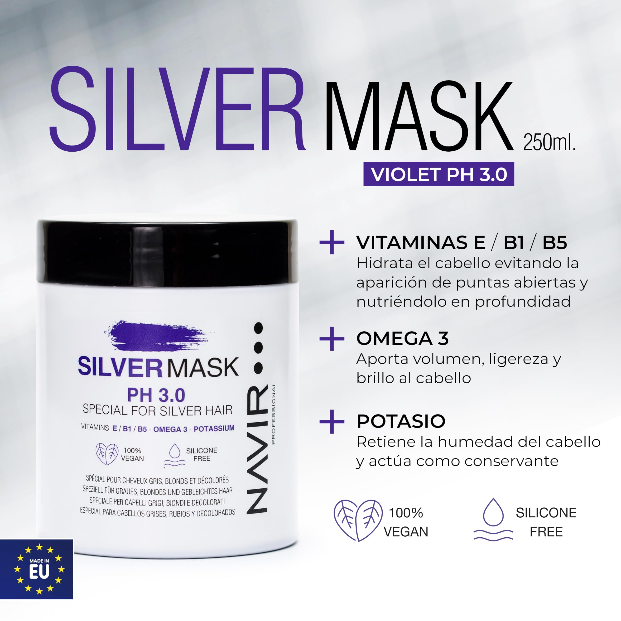 NAVIR Profesional | Champú Morado y Mascarilla SILVER | Matizador para cabellos grises, rubios y decolorados (Champú 300 ml + Mascarilla 250 ml)