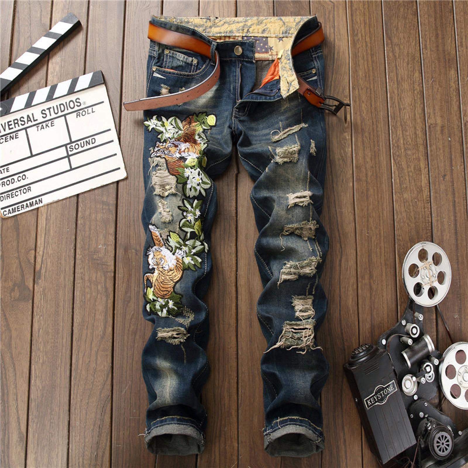 WQZYY&ASDCD Jeans Pantalon Fashion Jeans Zerrissene Biker Jeans Style Herren Hosenjeans