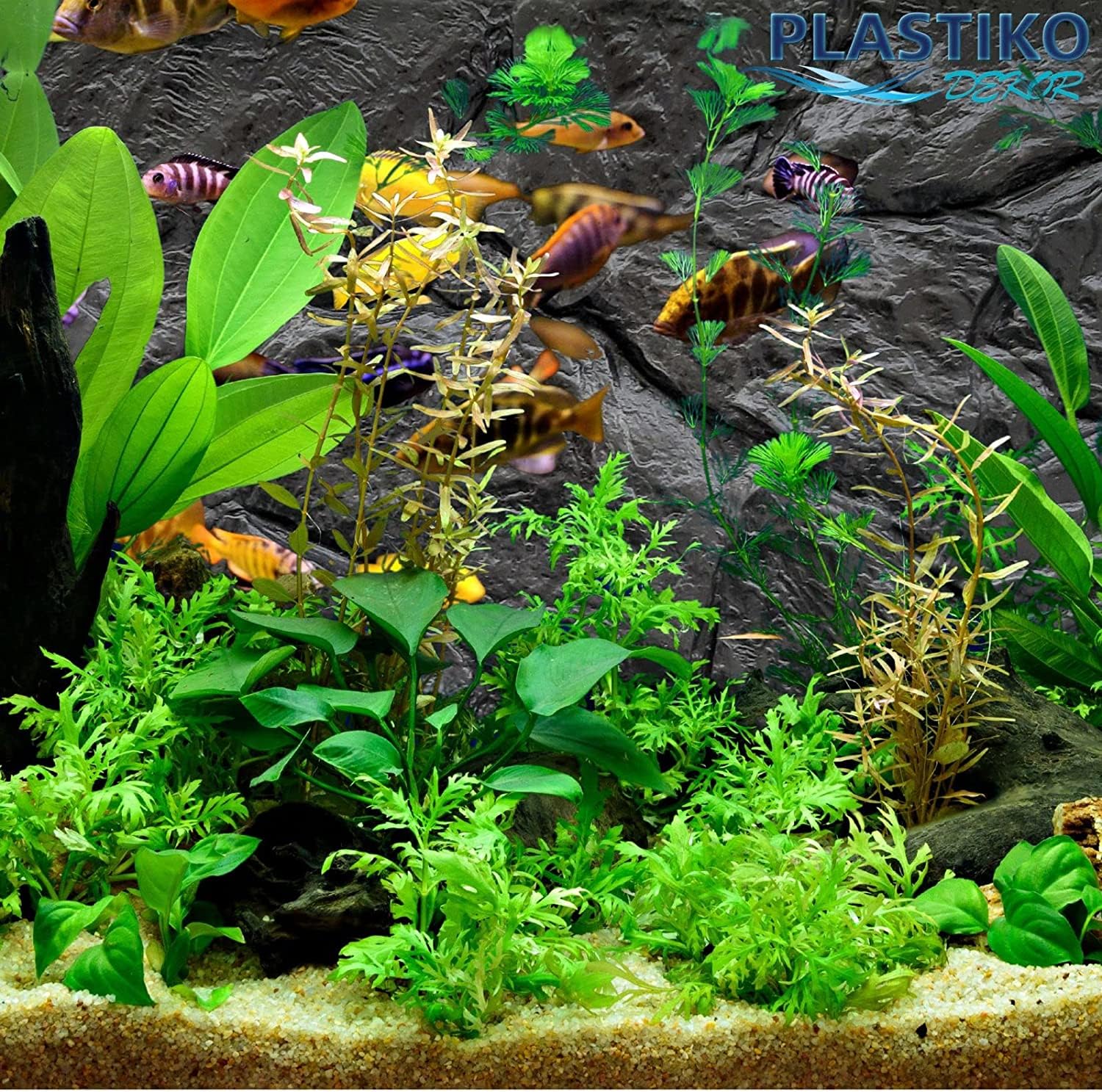 PLASTIKO - Acquario Sfondo 3D I 60x30 cm I Facile da Montare e Pulire I Non Richiede Colla I Sicuro per Gli Animali I Grigio con Un Modello di Pietre Basse