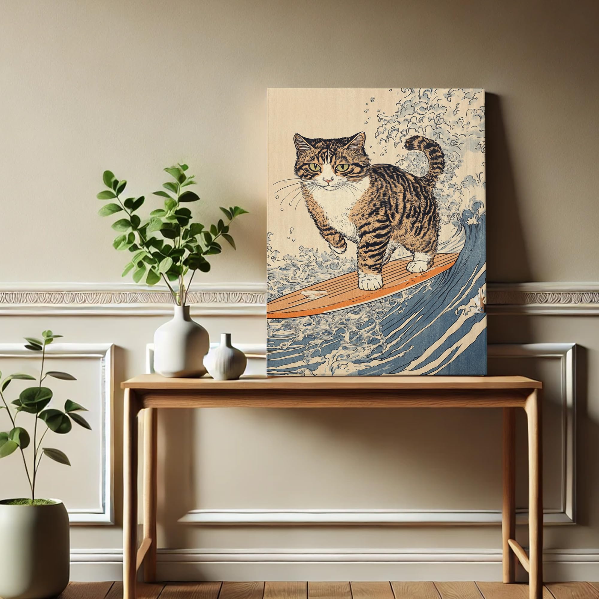 Stampa artistica con gatto che cavalca uno squalo: divertente decorazione murale in stile vintage - Italia