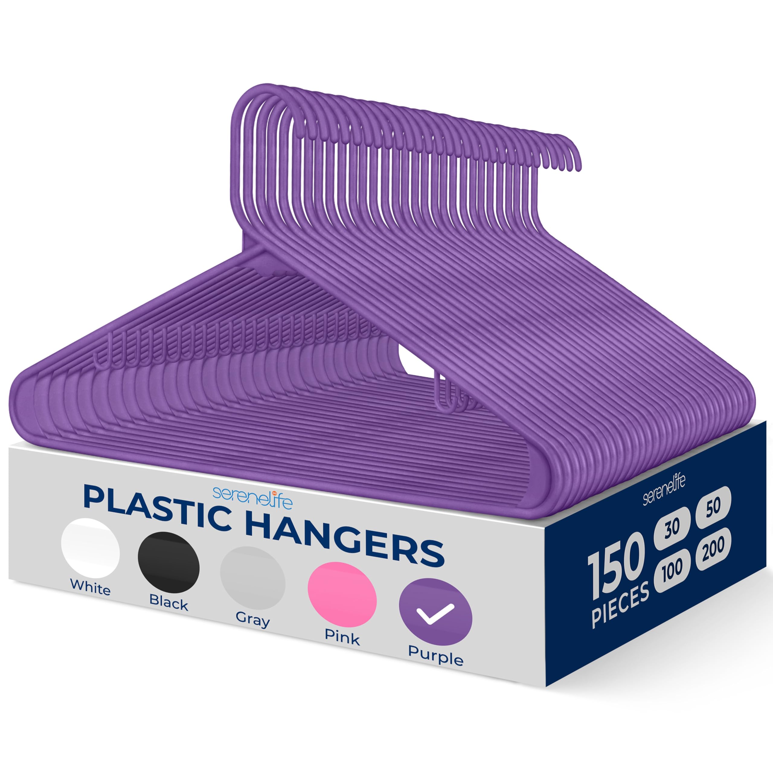 SereneLife Plastic Hangers 150 pcs, Non-Slip Heavy Duty Clothes Hanger Set with 360° Swivel Hook, Smooth Finish to Protect Fabric, Lightweight, Ultra-Thin Hangers for Coats and Other Clothes (Purple)
