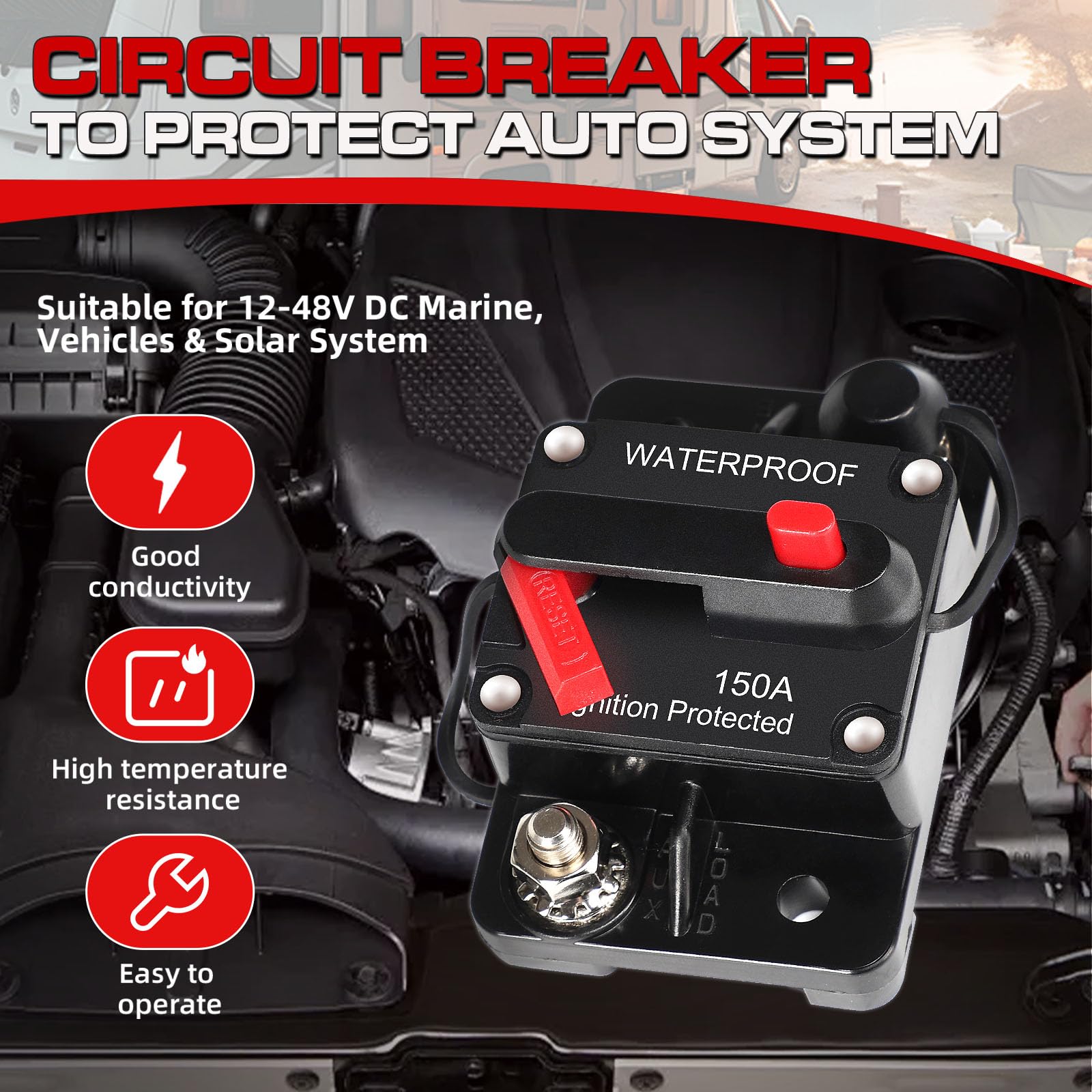 2 pezzi interruttore automatico 150A, portafusibile automatico auto 12V-48V DC 150A impermeabile portafusibile automatico con reset manuale per auto camion barca stereo marino