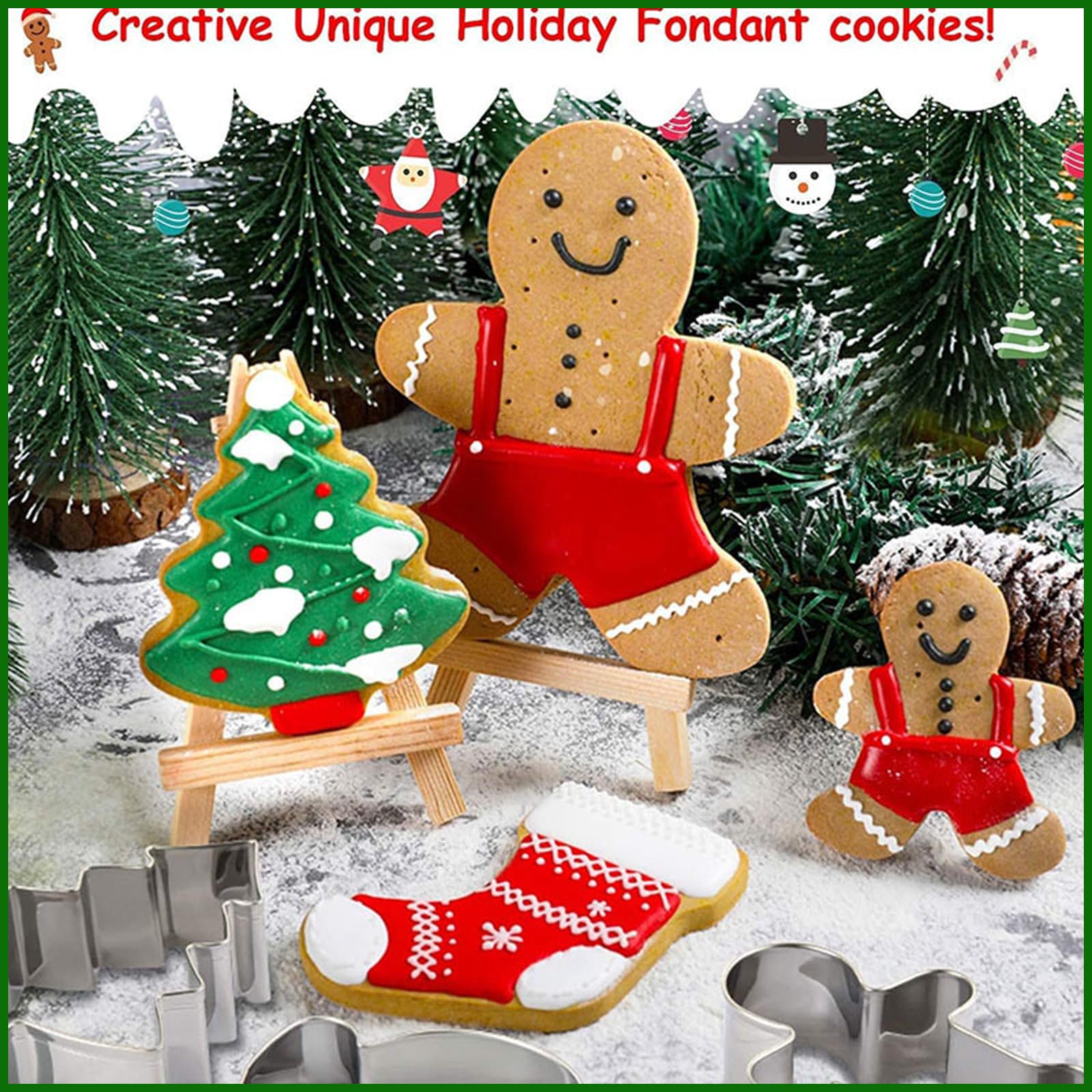 Formine natalizie per bambini | Bordo in silicone e acciaio inossidabile | Motivi: Babbo Natale, fiocco di neve, albero di Natale, pan di zenzero, renna | Perfette per dolci festivi