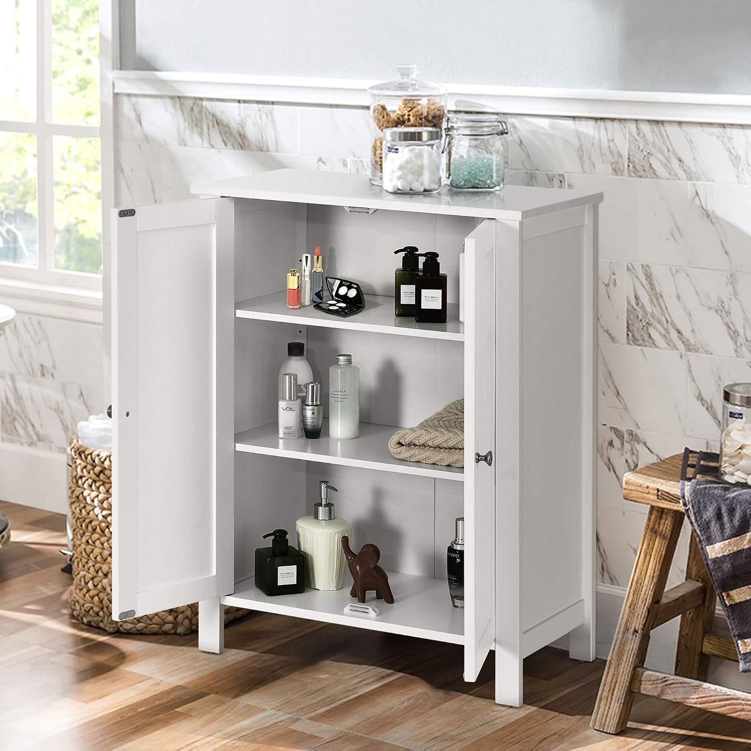 DORTALA Bathroom Floor Cabinet, 3 Tier Storage Cabinet w/Adjustable Shelf and Double Doors, Simple Style Multifunctional Wood Storage Organizer for Home, Bathroom, White