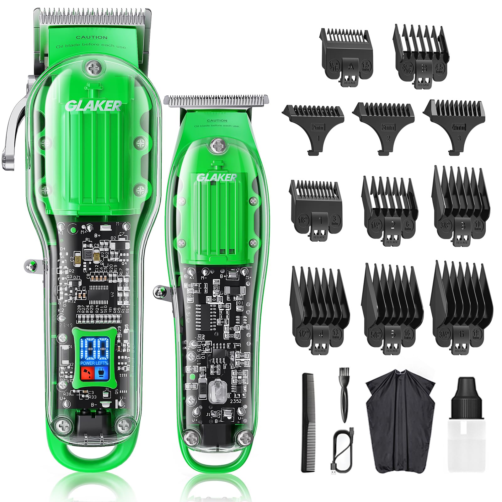GLAKERHair Clippers for Men Professional - Cordless Clippers and Trimmers Set, Complete Barber Kit for Hair Trimming & Beard Grooming, Mens Haircutting Kits for Blending & Fade Cuts (Green)