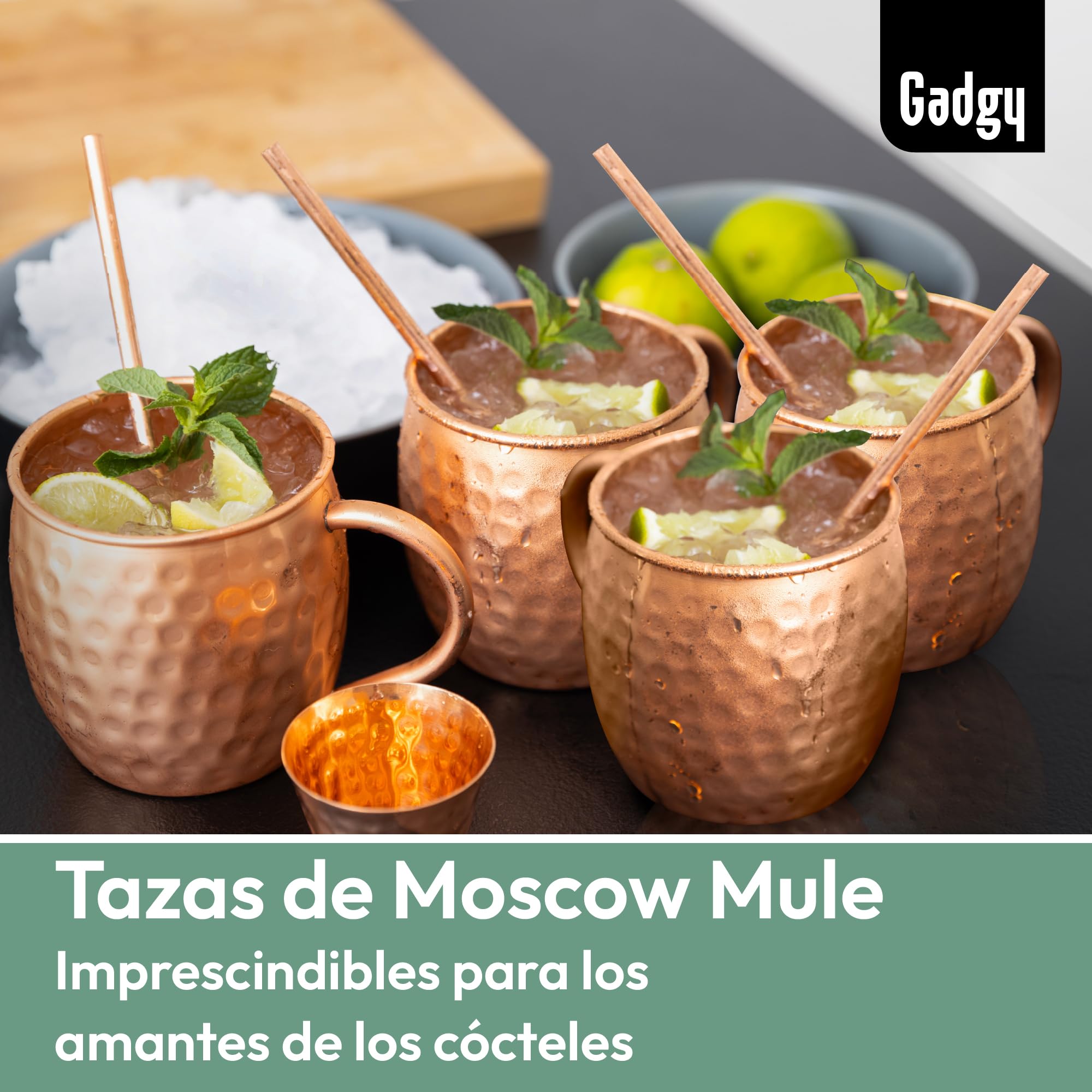 Conjunto de Vasos Moscow Mule Gadgy - Set de Tazas de Cóctel - 4 Vasos de Cobre, 4 Pajitas y un Jigger - 100% Cobre y Hecho a Mano - Regalo para Fiestas